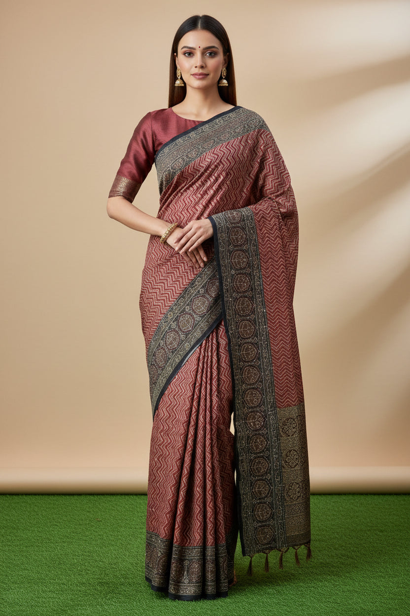 Dark Brown Mercerized Cotton Saree with Navy Blue Border | Chandrika Lifestyles
