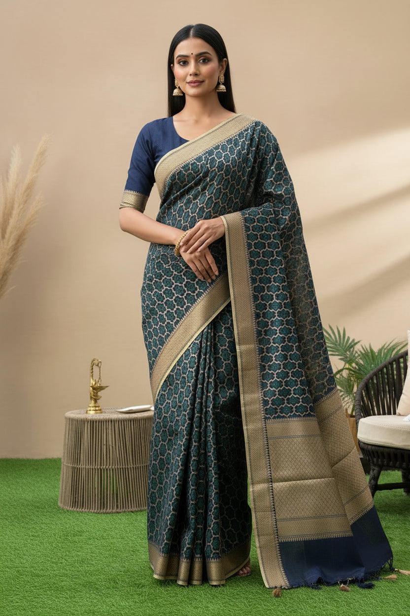 Navy Blue Banarasi Mercerized Cotton Saree with Allover Jaal | Chandrika Lifestyles