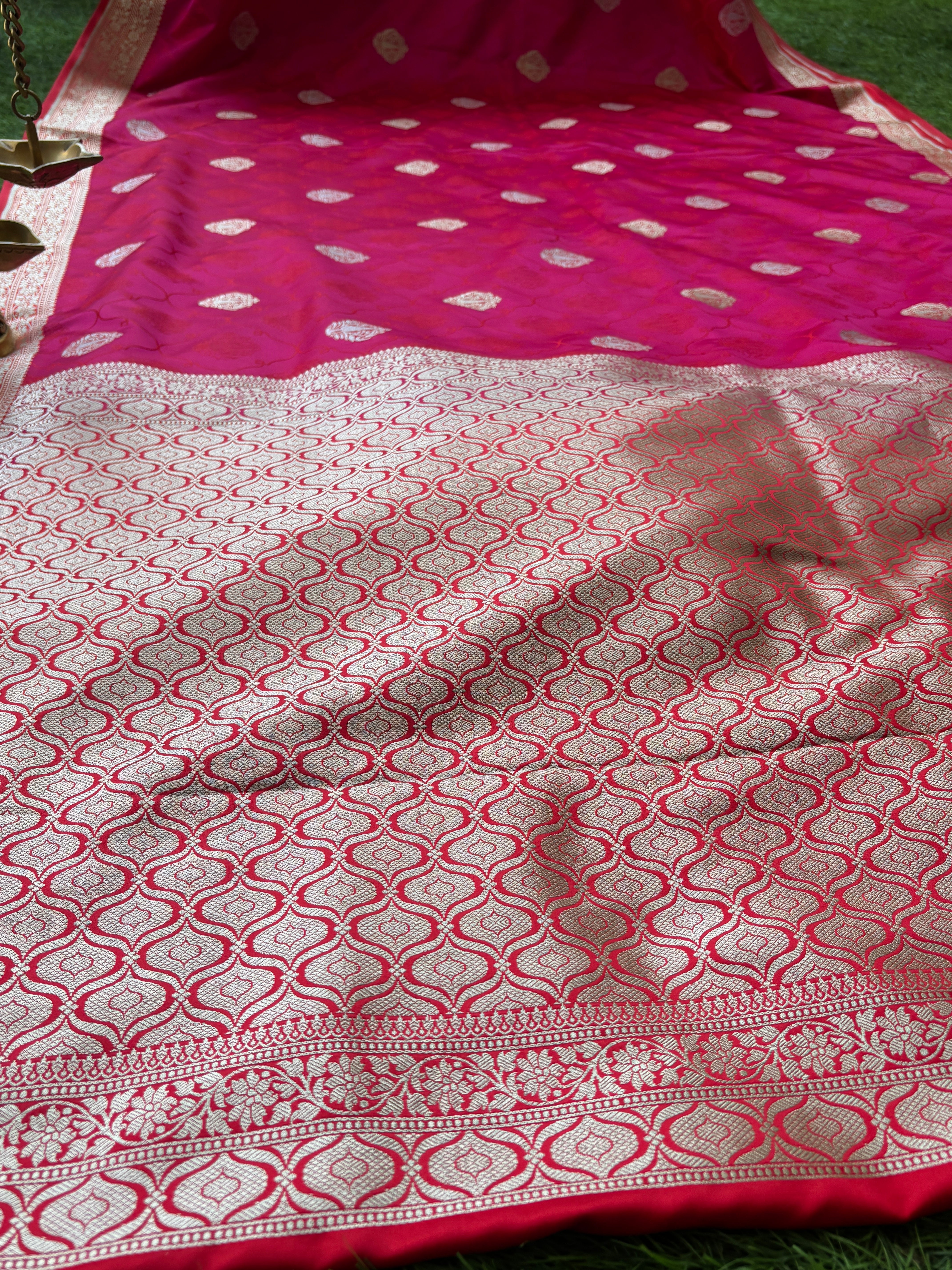 Rani Pink Banarasi Saree with Allover Zari Buttis (Two-Tone) | Chandrika Lifestyles