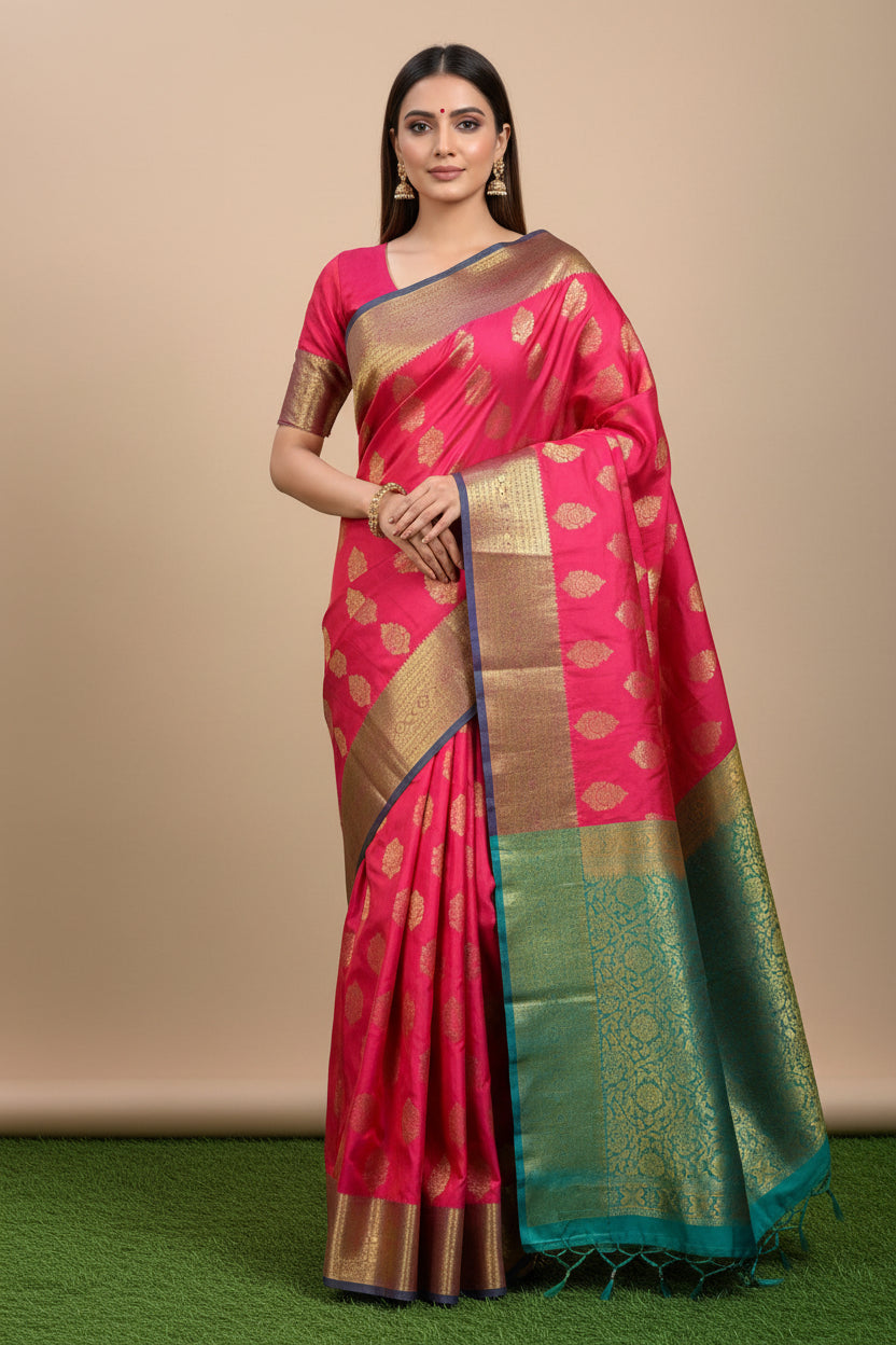 Pink & Orange Dual-Tone Pure Silk Kanjeevaram Saree with Traditional Weaving and Broad Zari Border