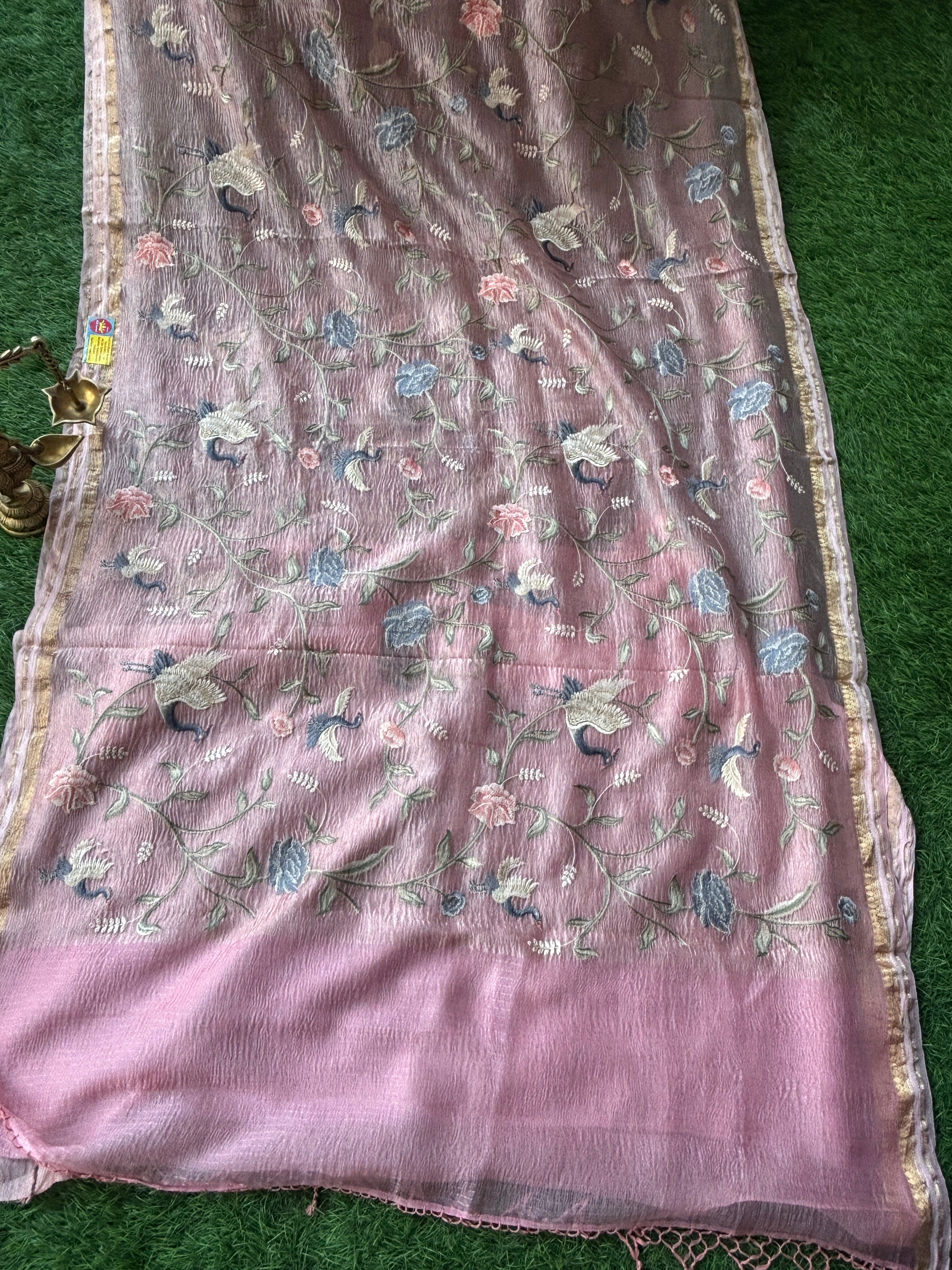 Baby Pink Pure Crush Tissue Kora Organza Designer Saree with Thread Embroidery
