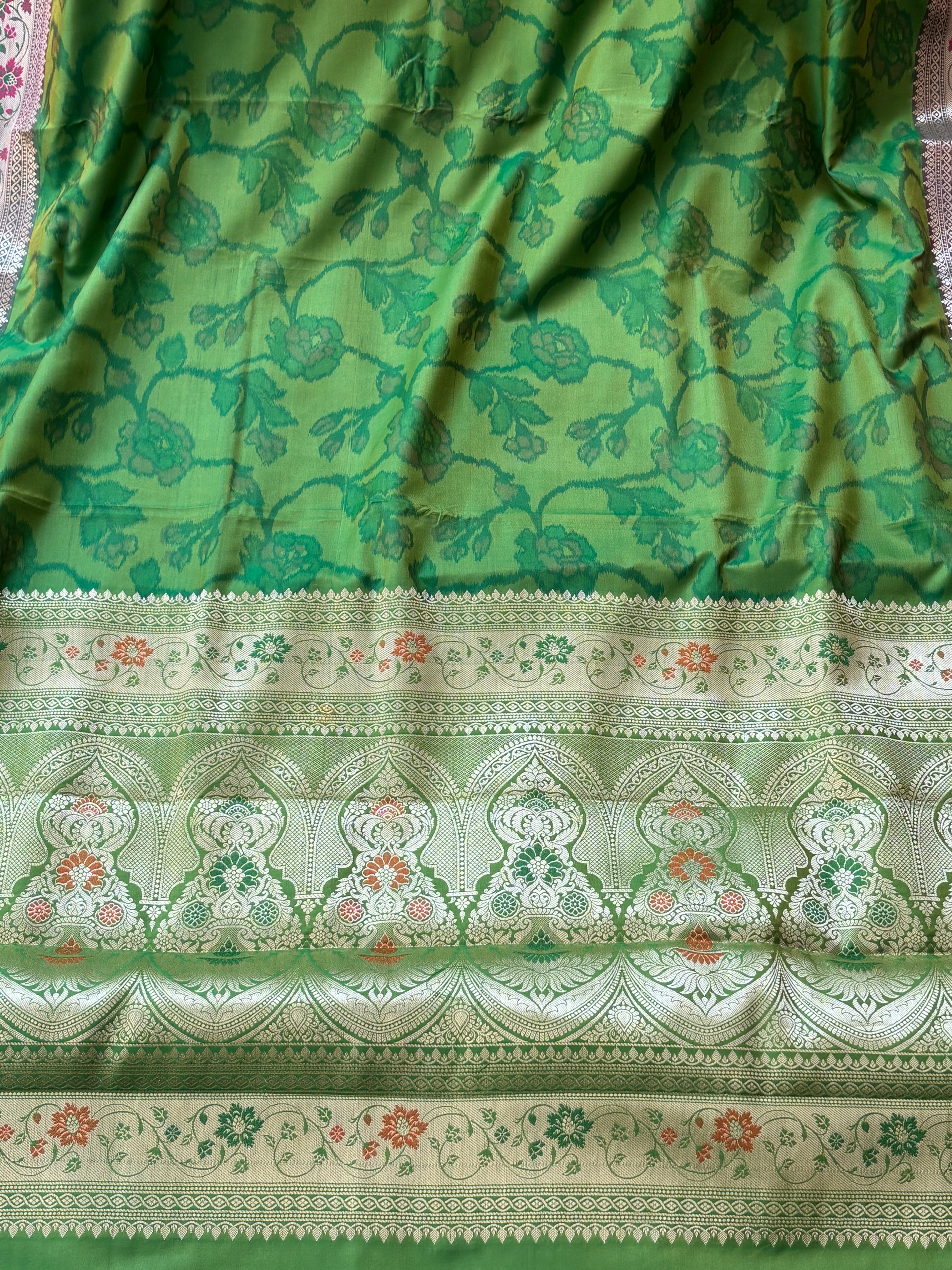 Green Art Silk Ikkat Printed Saree with Banarasi pink Border & green Blouse
