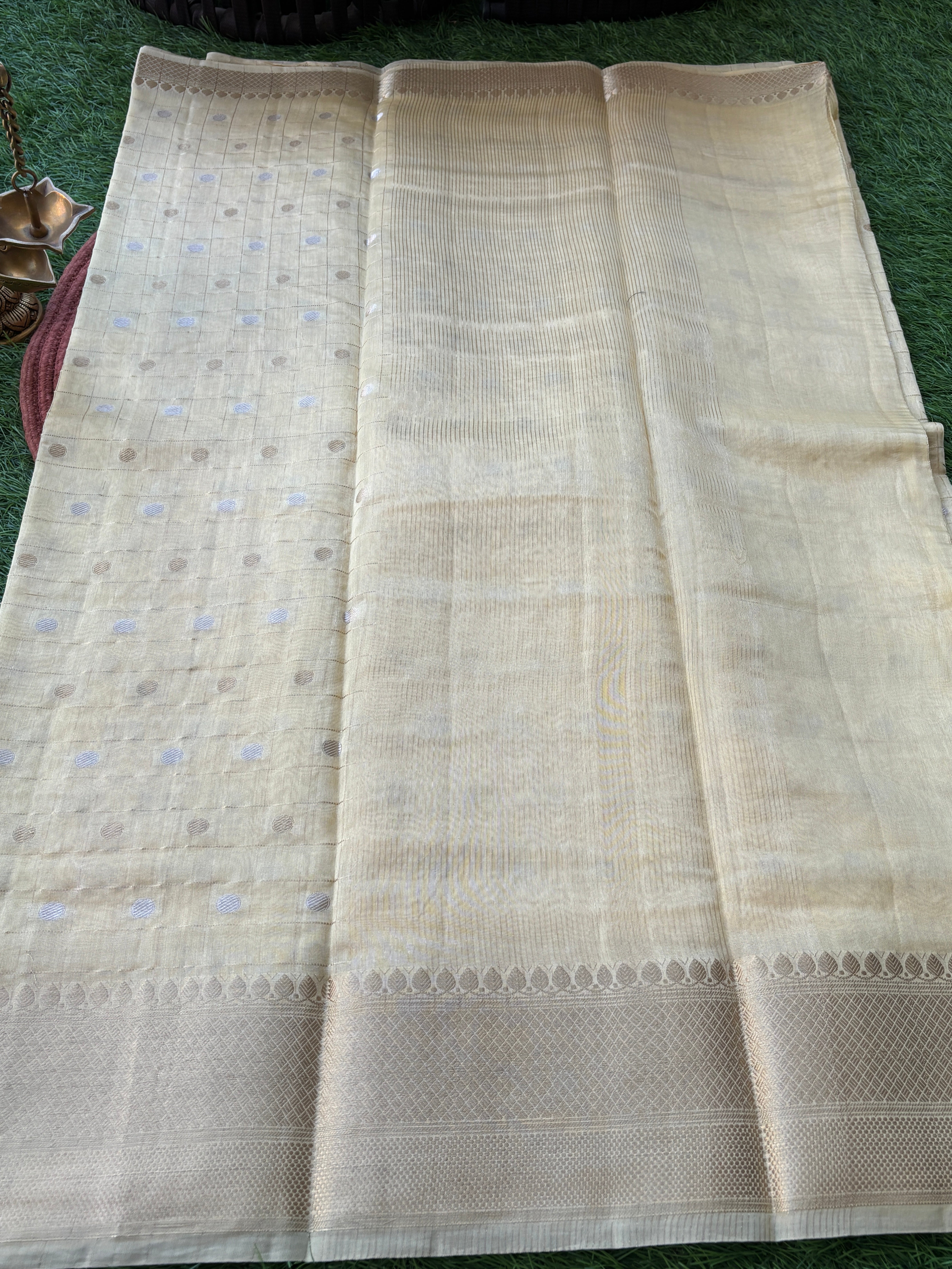 Lemon Yellow Banarasi Silk Cotton Saree with Zari Checks & Butta | Chandrika Lifestyles