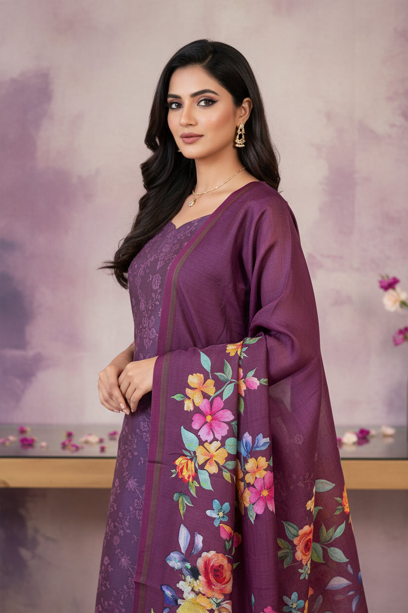 Pure Cotton All-Over Embroidery Jaal Suit Material with Matching Digital Printed Dupatta – Metallic Grey / Wine