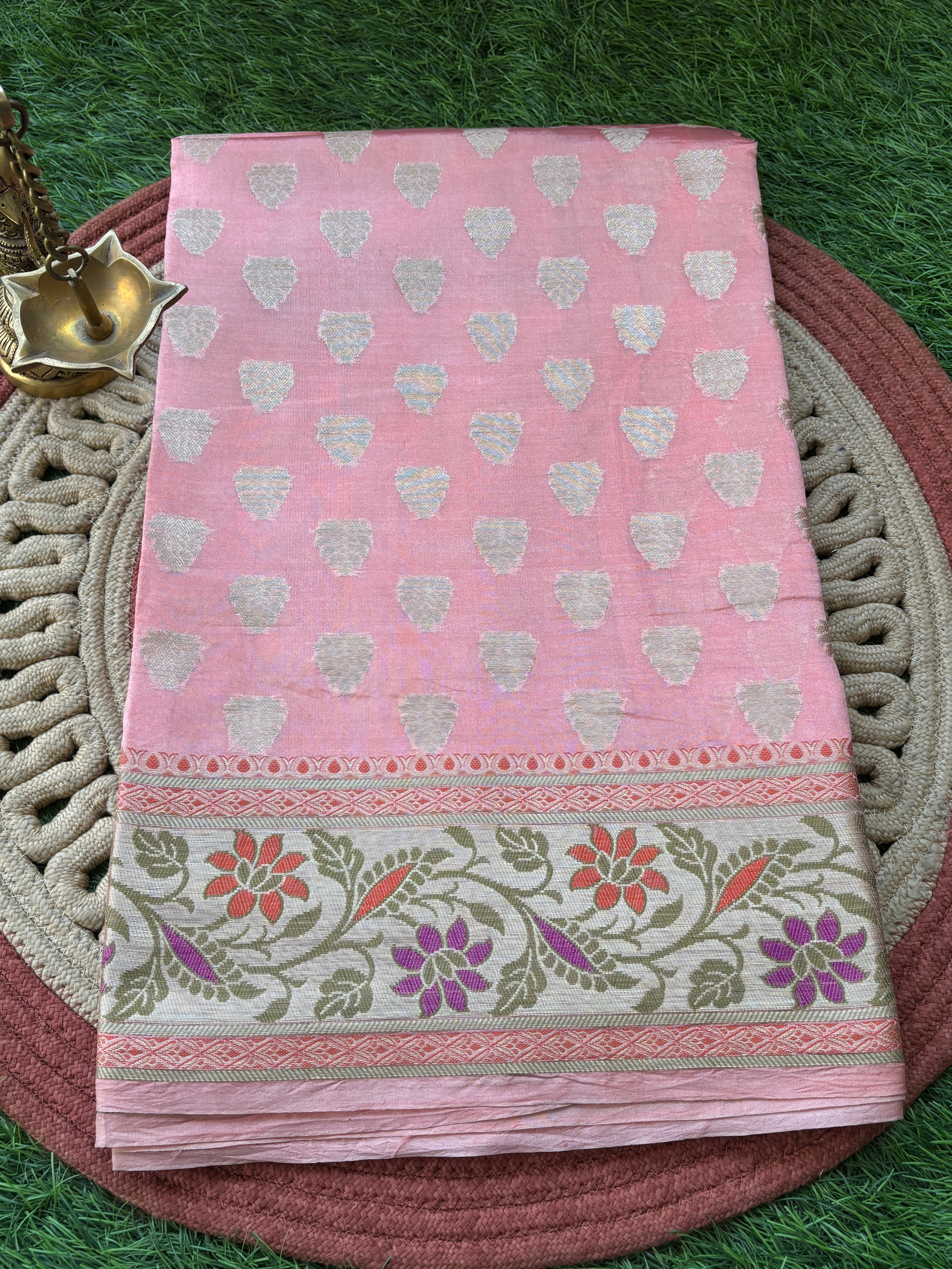 Peach Pink Banarasi Cotton Saree with Floral Meenakari Work & Border | Chandrika Lifestyles