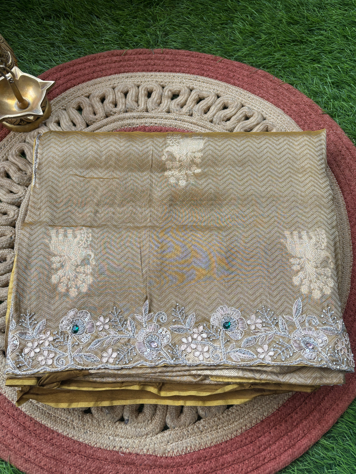 Royal Biscuit Beige Pure Tissue Silk Saree with Zigzag Weaving, Buta Work & Heavy Zardozi Border