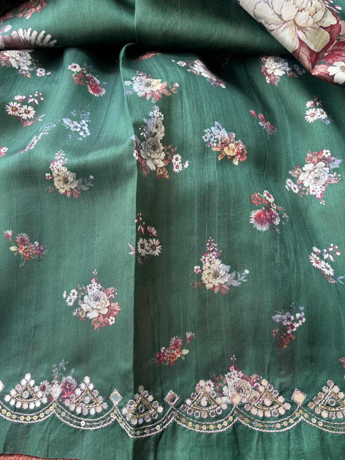 Elegant Bottle Green Pure Tusser Silk Saree with Digital Floral Print & Mirror Work Border