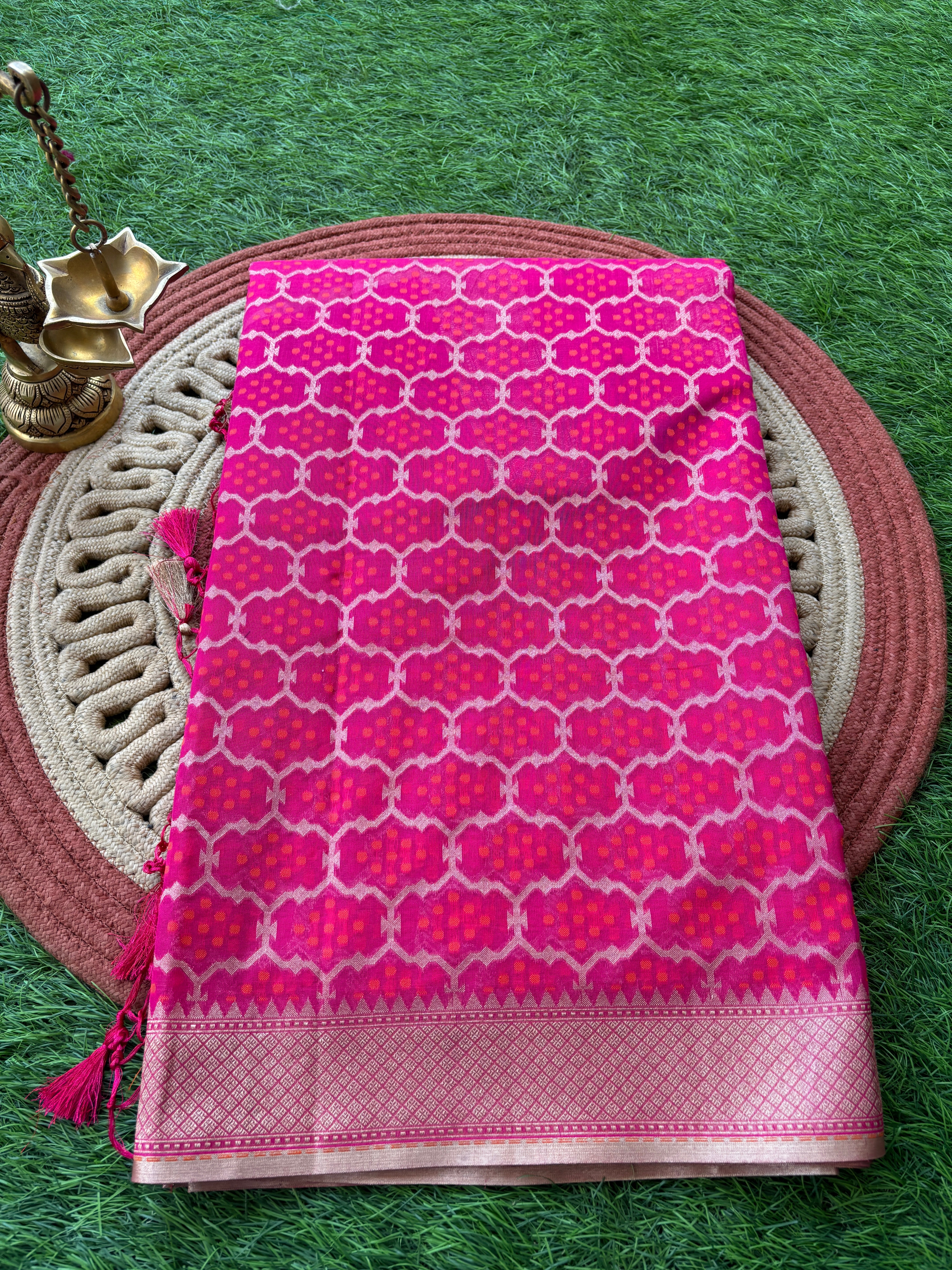 Pink Banarasi Mercerized Cotton Saree with Allover Jaal | Chandrika Lifestyles