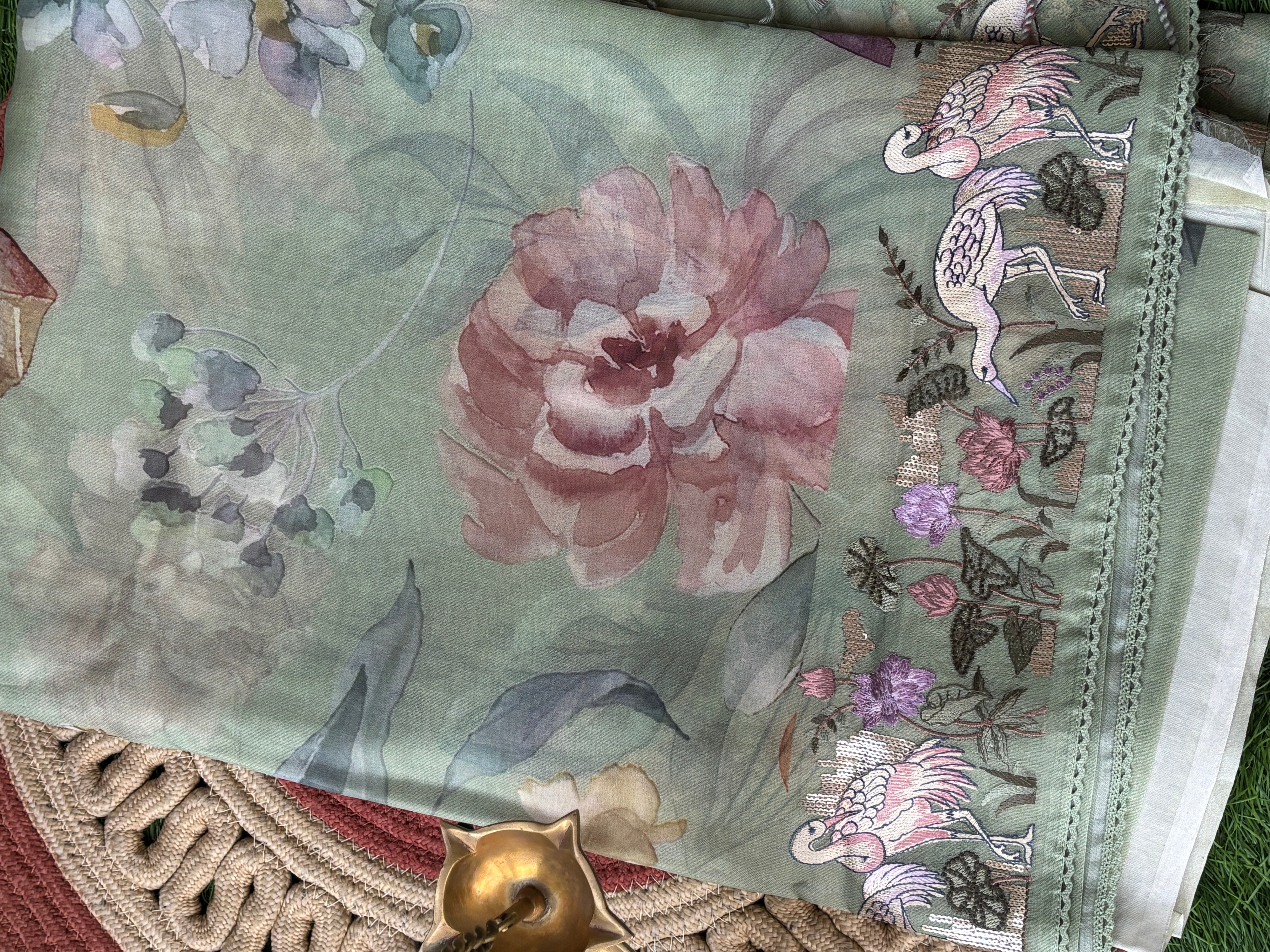 Pure Pista Green Organza Saree with Figure & Floral Embroidery and Digital Print | Chandrika Lifestyles