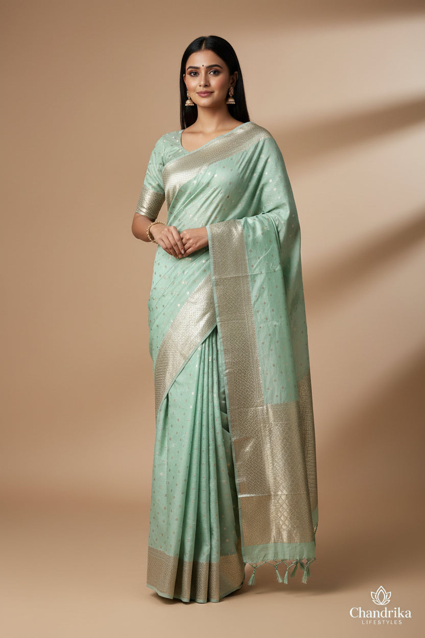 Mint Green Banarasi Mercerised Cotton Sare