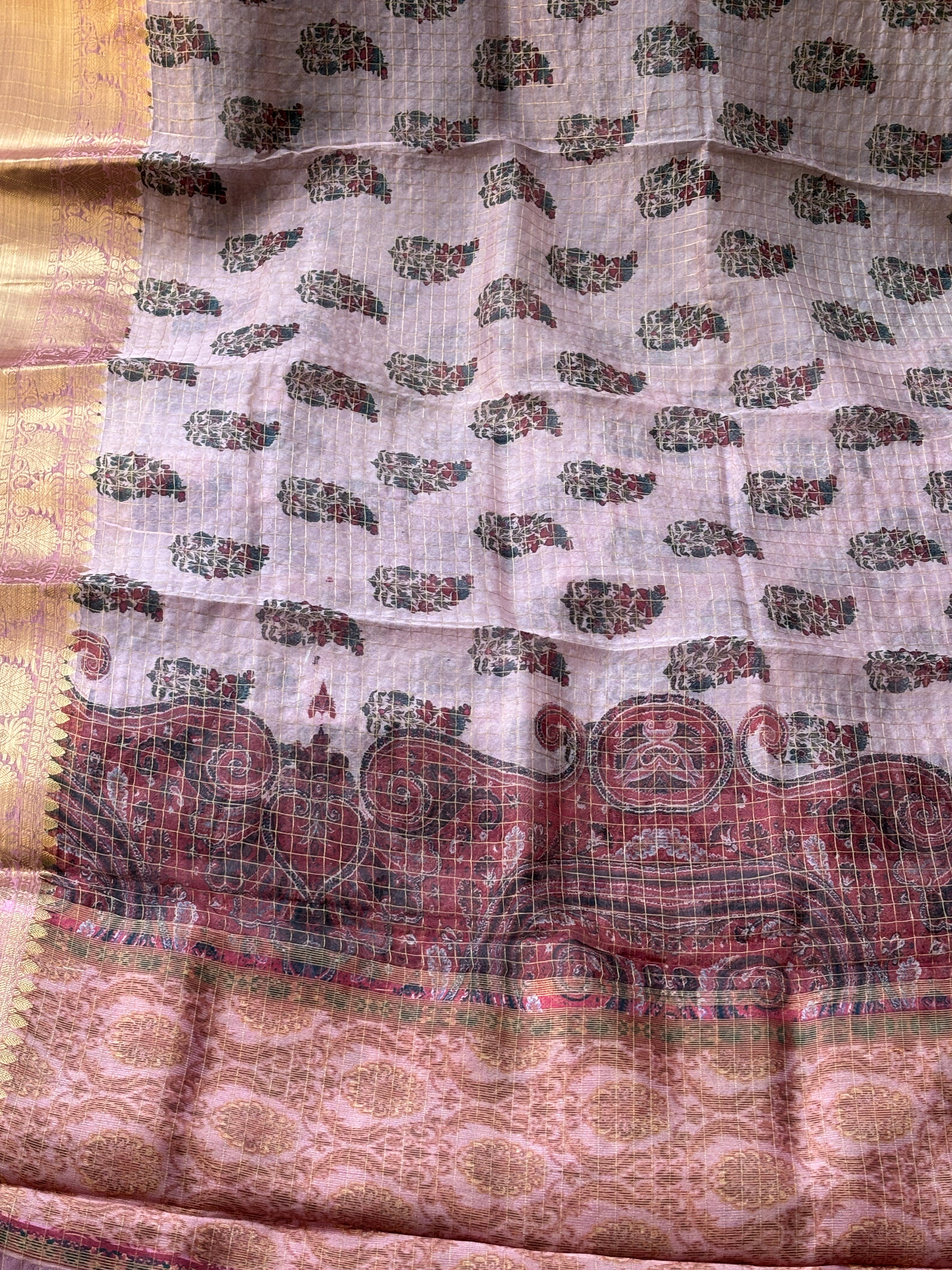 Baby Pink Pure Organza Saree with Zari Checks, Digital Print & Zari Border | Chandrika Lifestyles