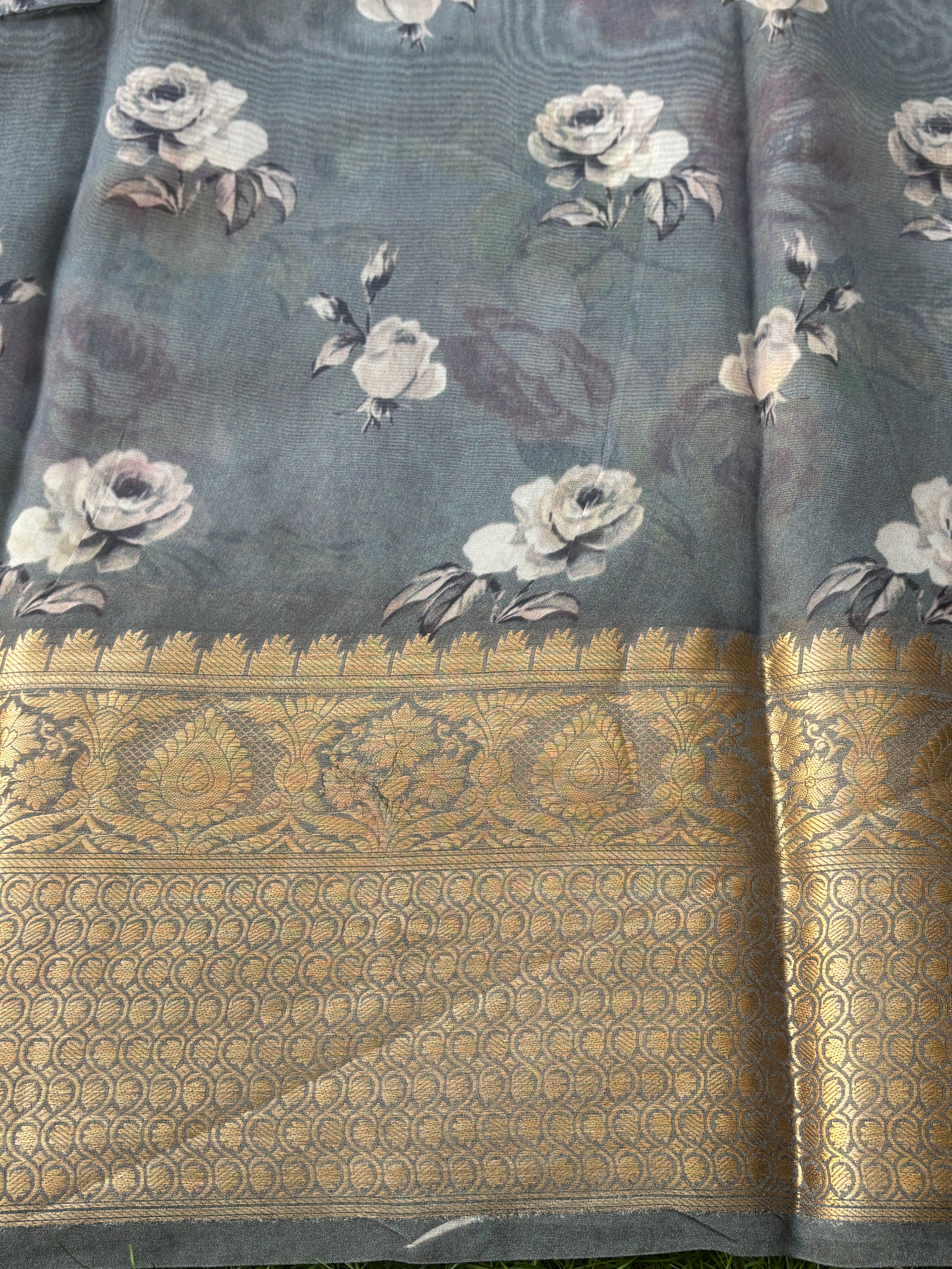 Pure Georgette Banarasi Saree with Broad Zari Border & Grey Floral Digital Print