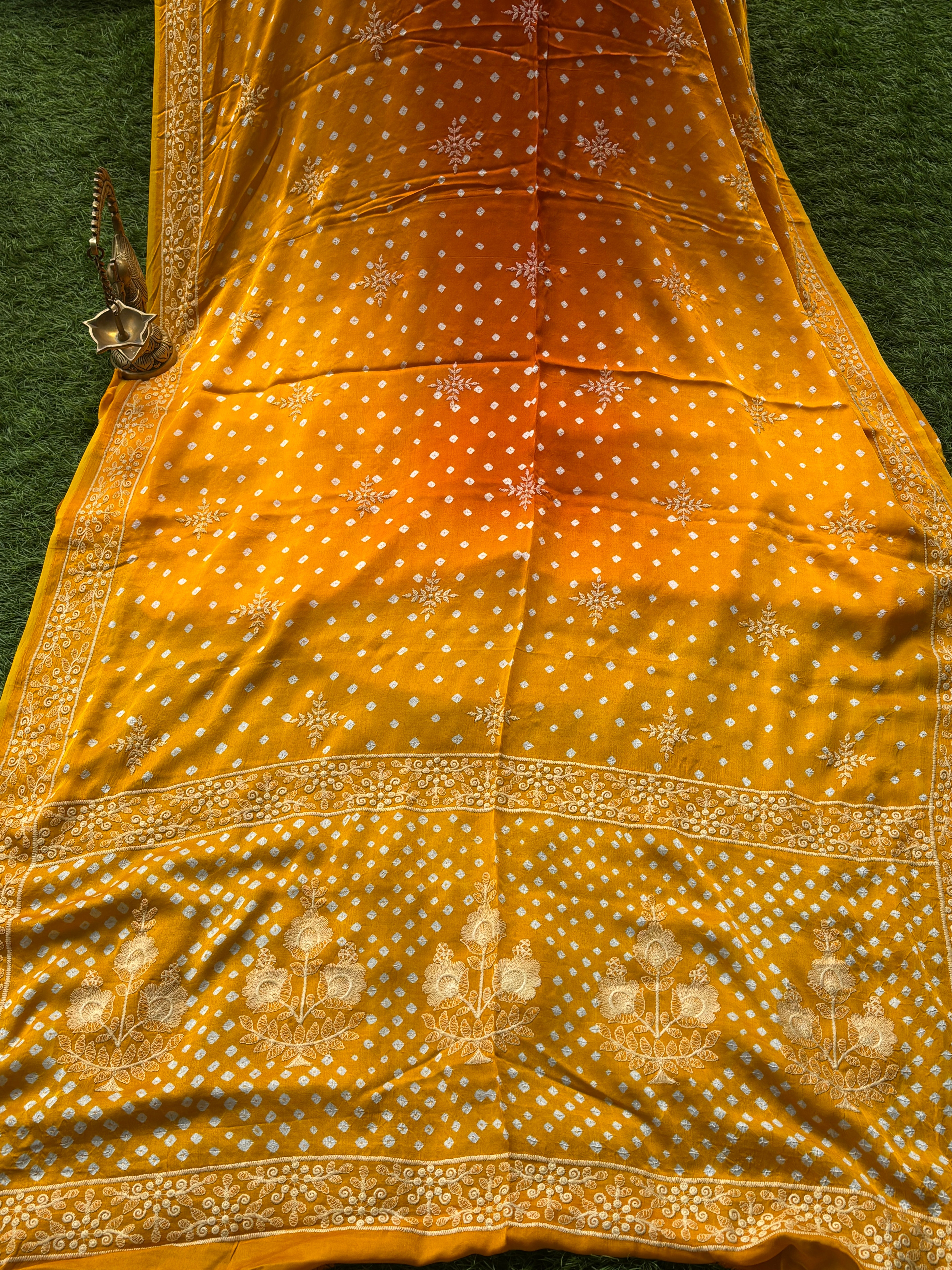 Mango Yellow Modal Silk Bandhej Saree | Chandrika Lifestyles