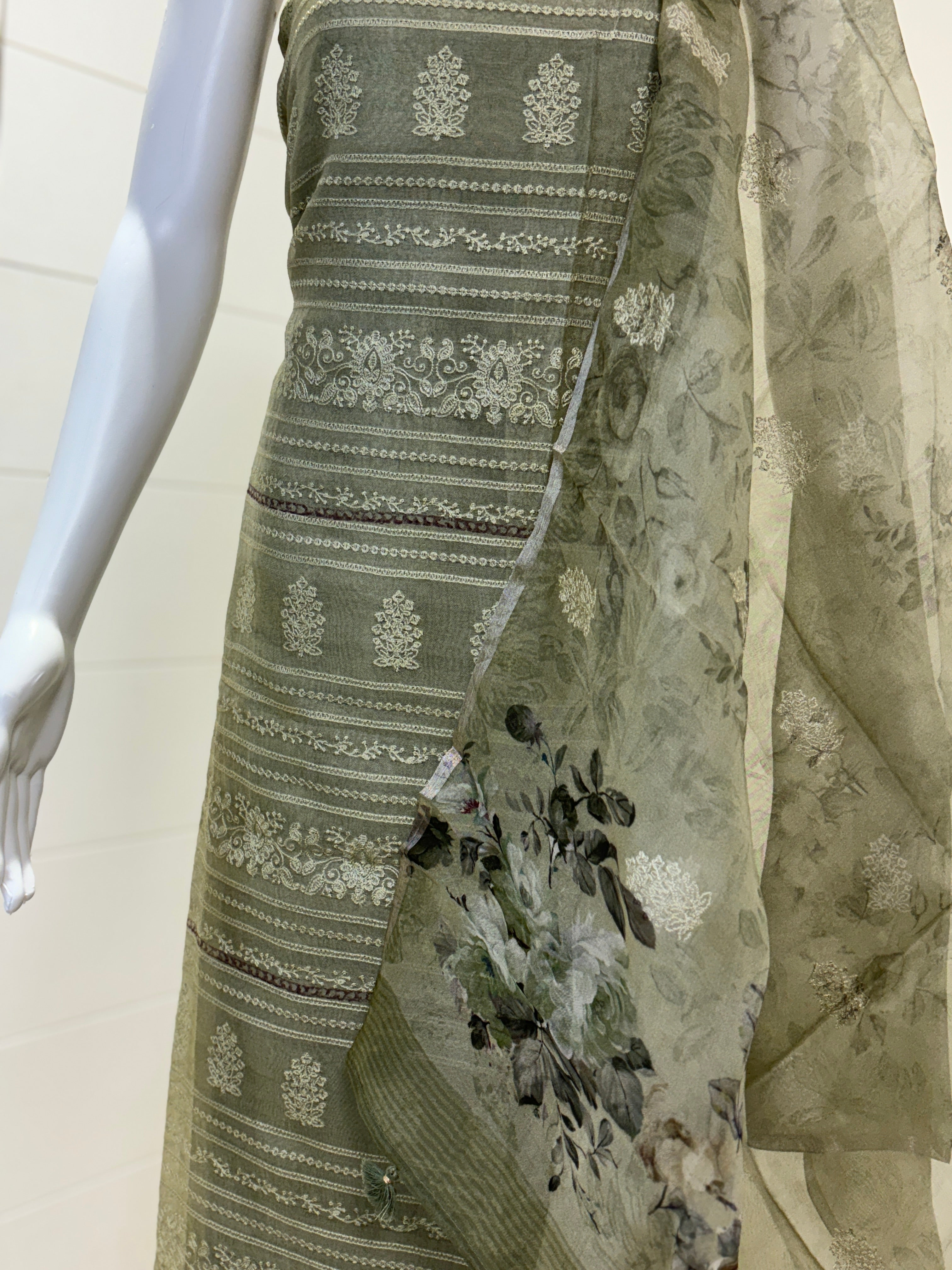 Festive pastel Mehendi Green Organza Suit Material with Digital Print, Thread Embroidery & Crochet Lace Border