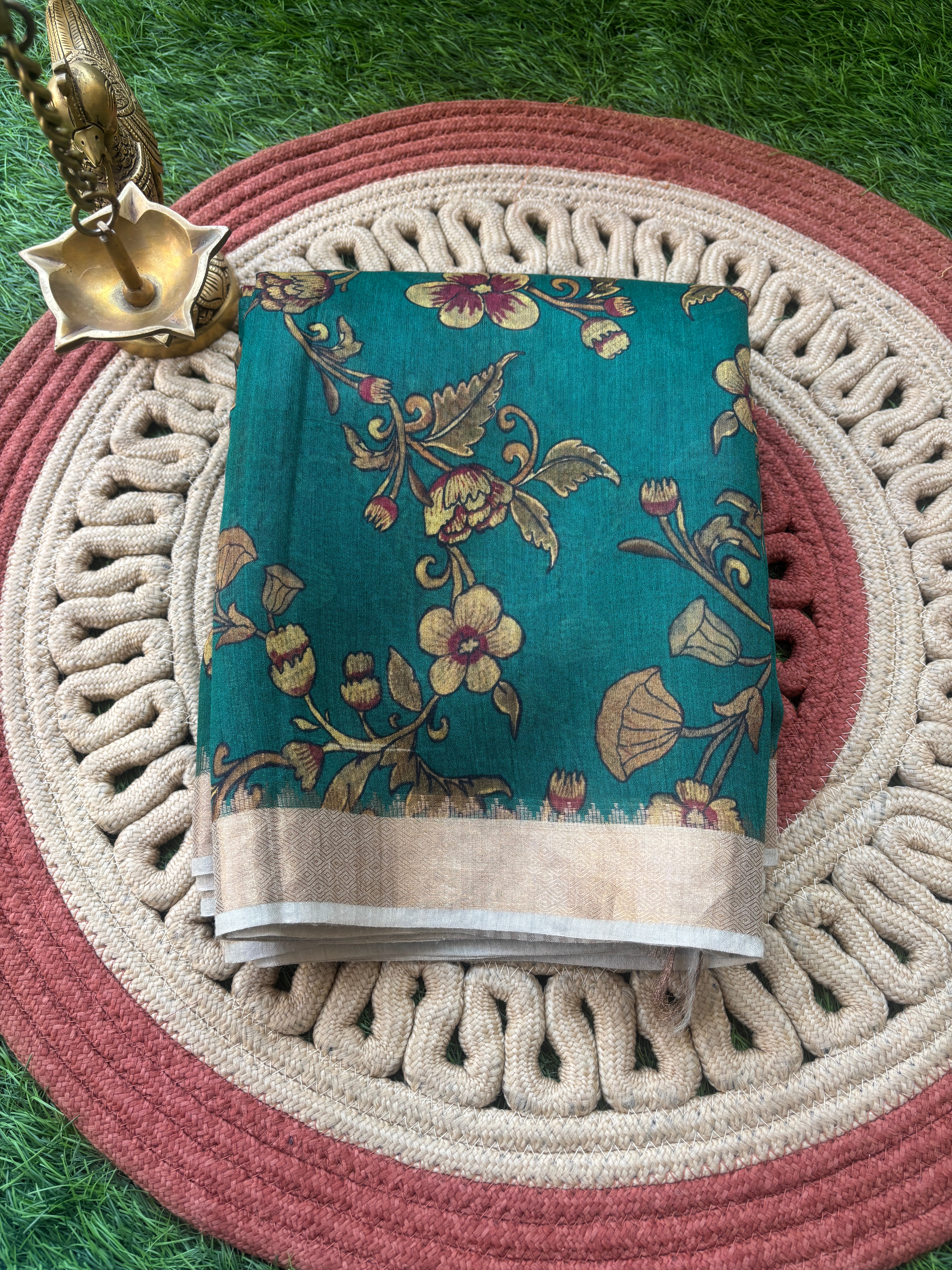 Teal Blue Munga Silk Saree with Allover Digital Print | Chandrika Lifestyles