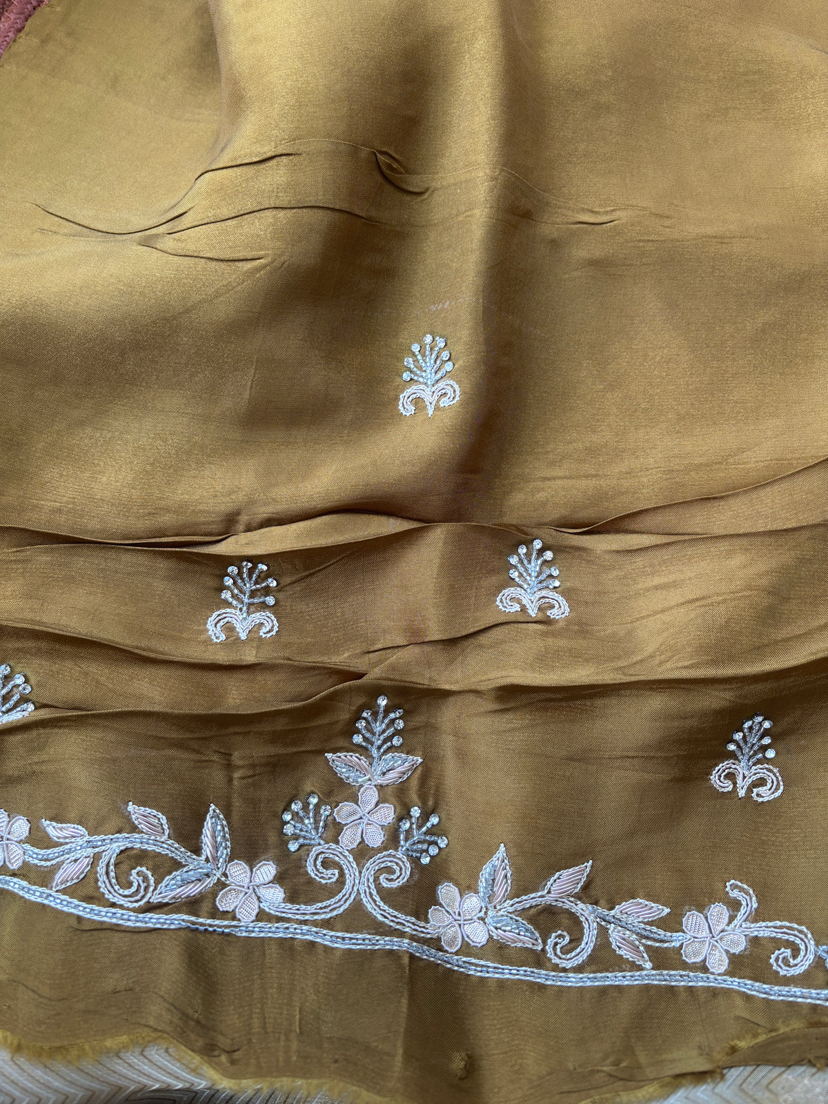 Royal Biscuit Beige Pure Tissue Silk Saree with Zigzag Weaving, Buta Work & Heavy Zardozi Border