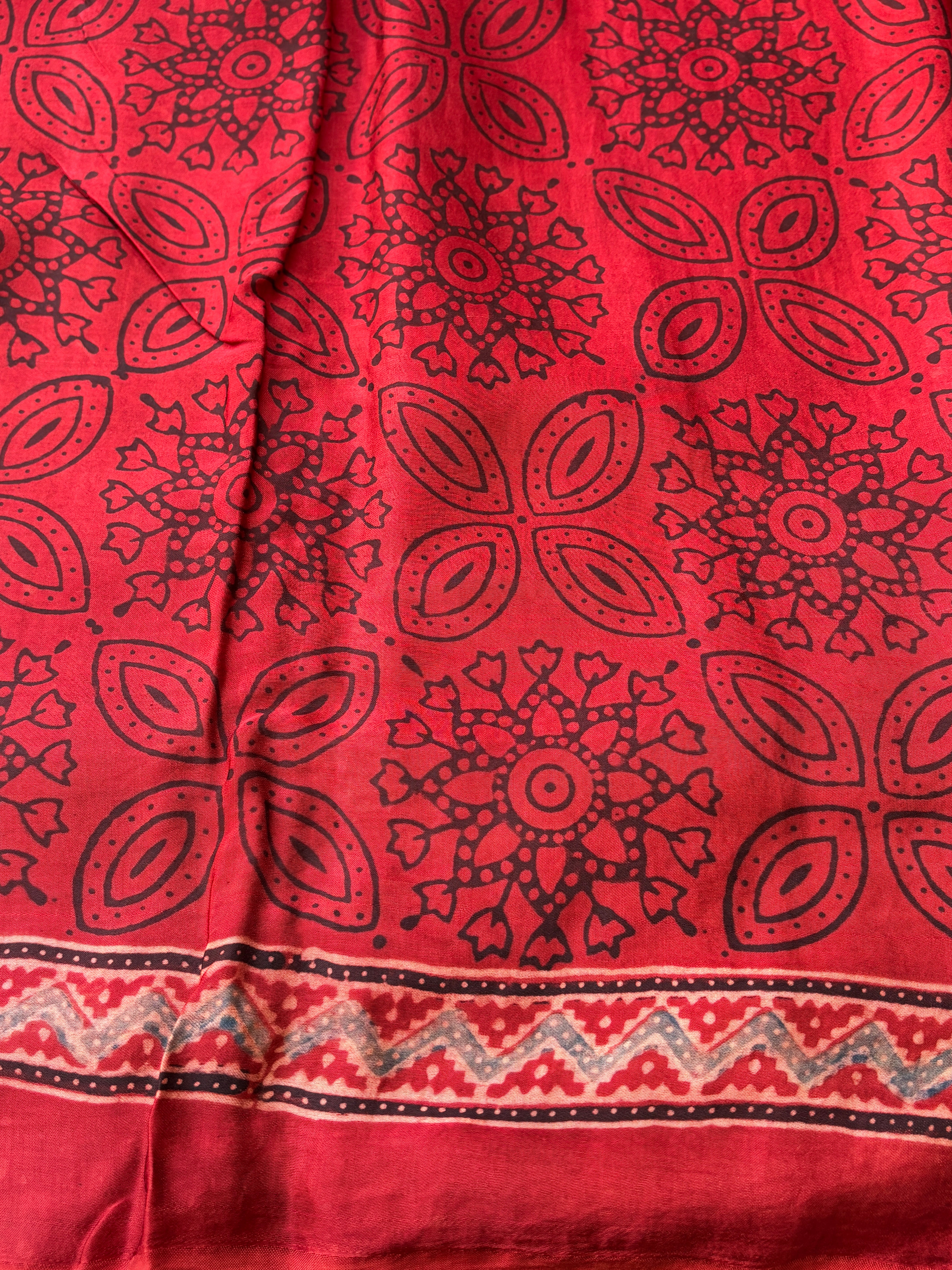 Red Pure Modal Silk Ajrak Digital Printed Saree with Zari Lugdi Patta Pallu
