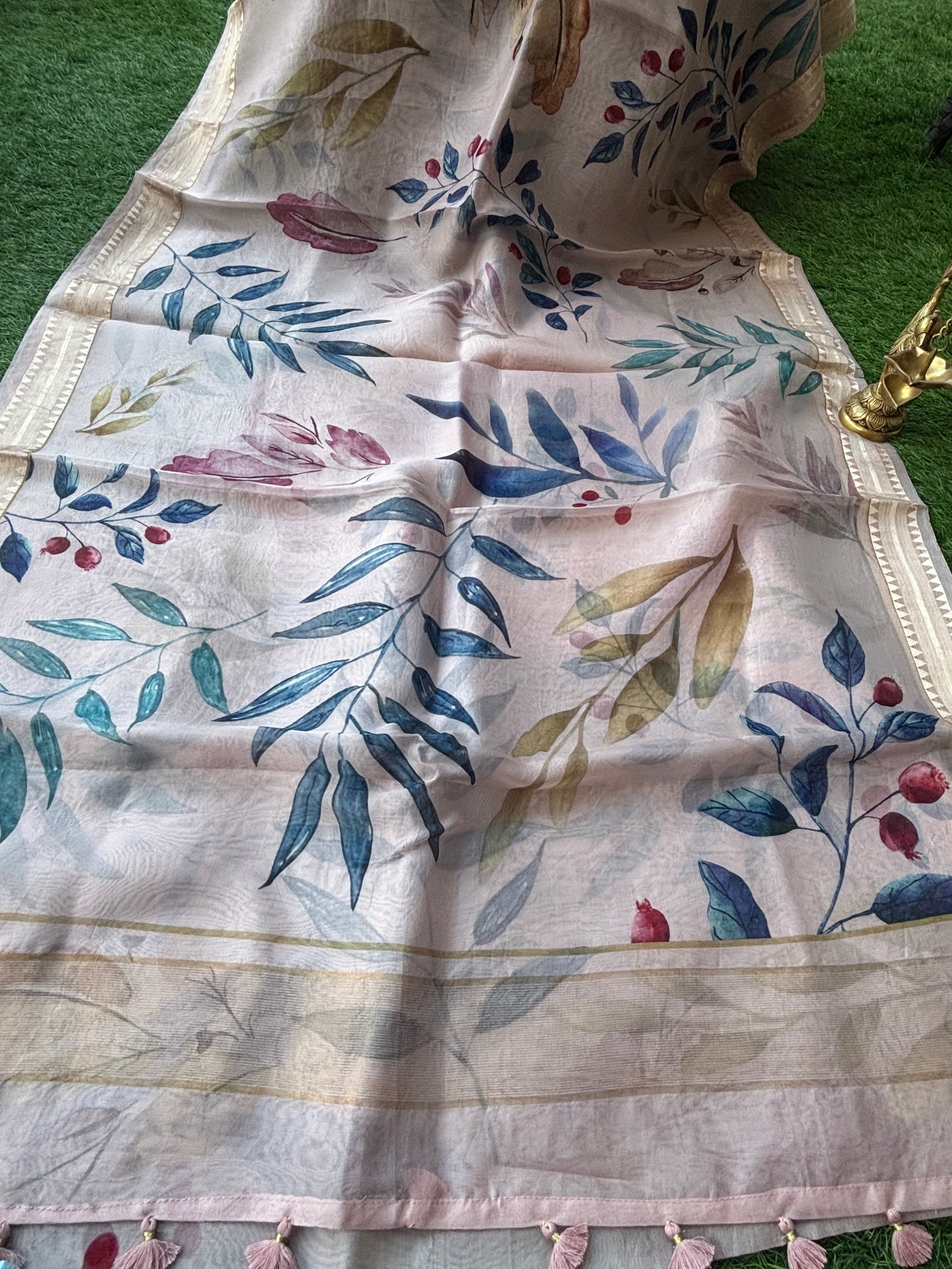 Baby Pink Pure Organza Digital Printed Saree with Readymade Blouse