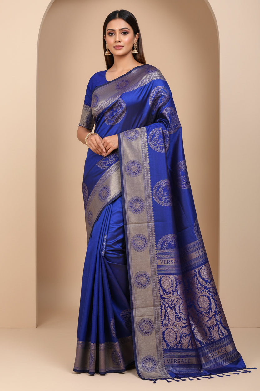 Pure Silk Kanjivaram Royal Blue Borderless Saree with Versace Inspired Weaved Buttas