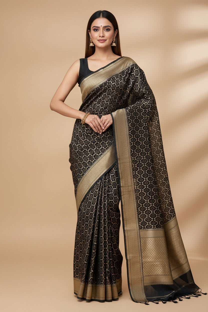 Black Banarasi Mercerized Cotton Saree with Allover Jaal | Chandrika Lifestyles