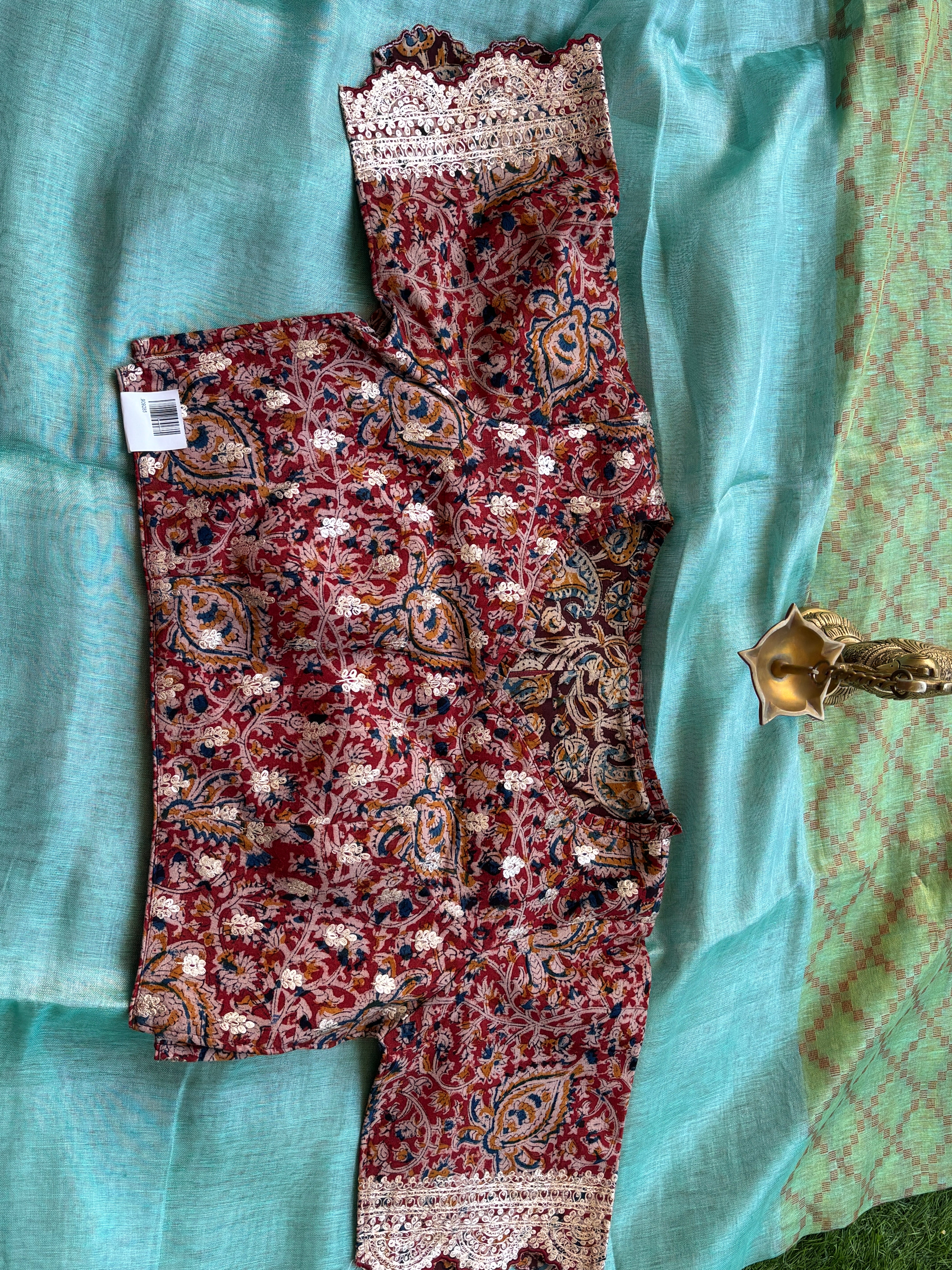 Blue Pure Linen Tissue Saree with Ajrak Pallu & Ready-Made Blouse | Chandrika Lifestyles