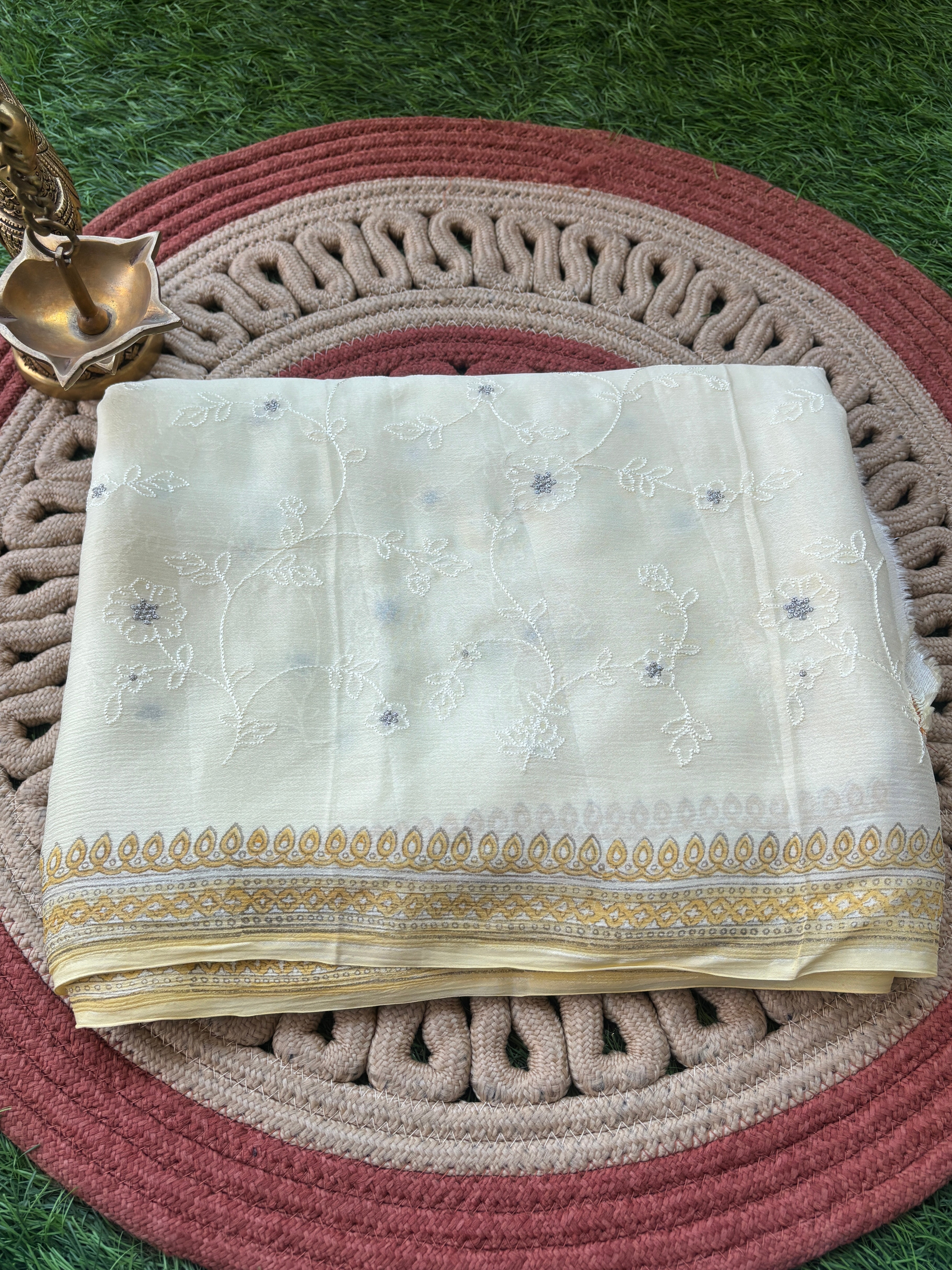 Lemon Yellow Chilia Silk Saree with Allover Silver Butta | Chandrika Lifestyles