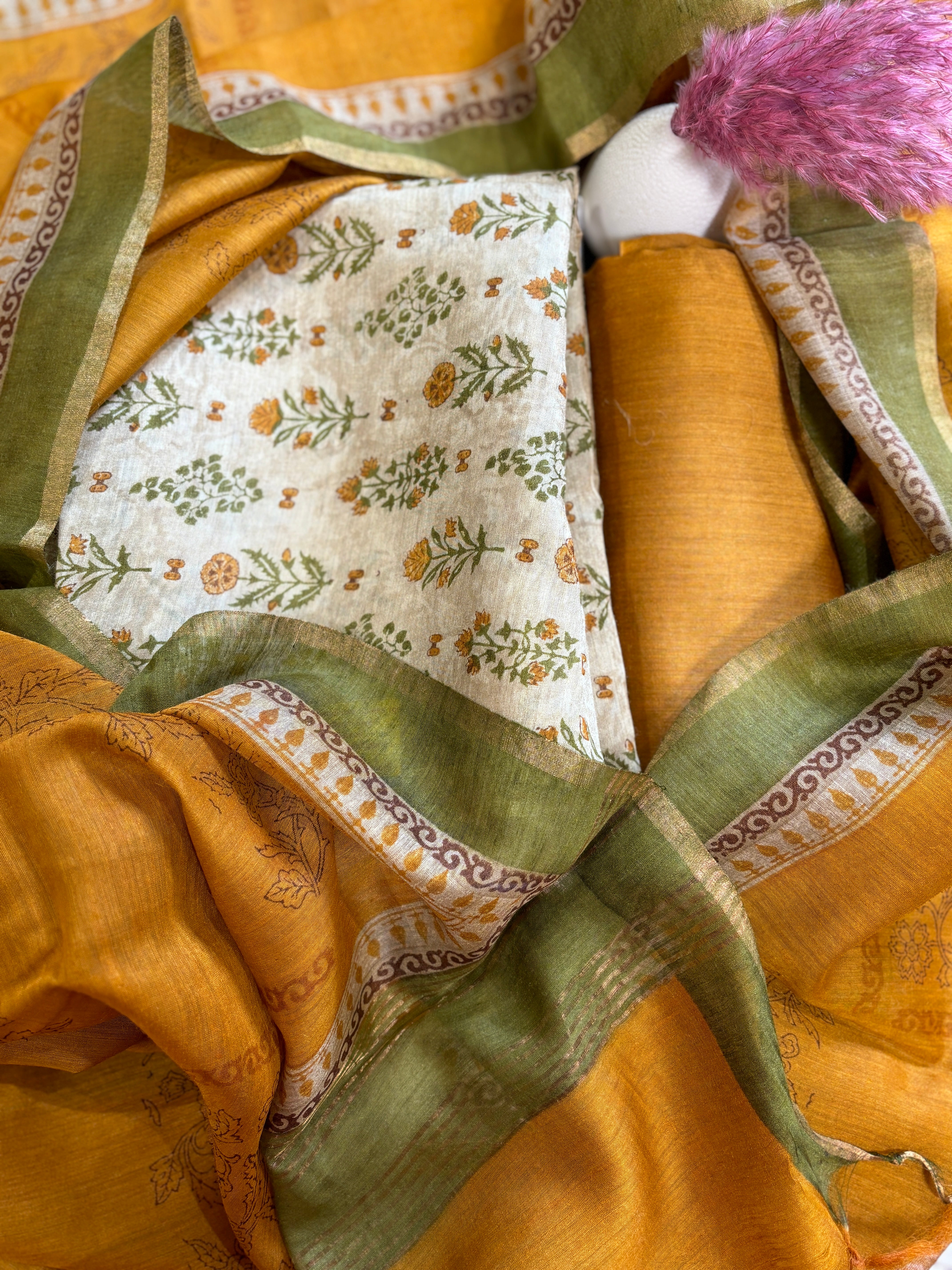 Pure Tussar Silk Suit Material with Contrast Silk Digital Printed Dupatta