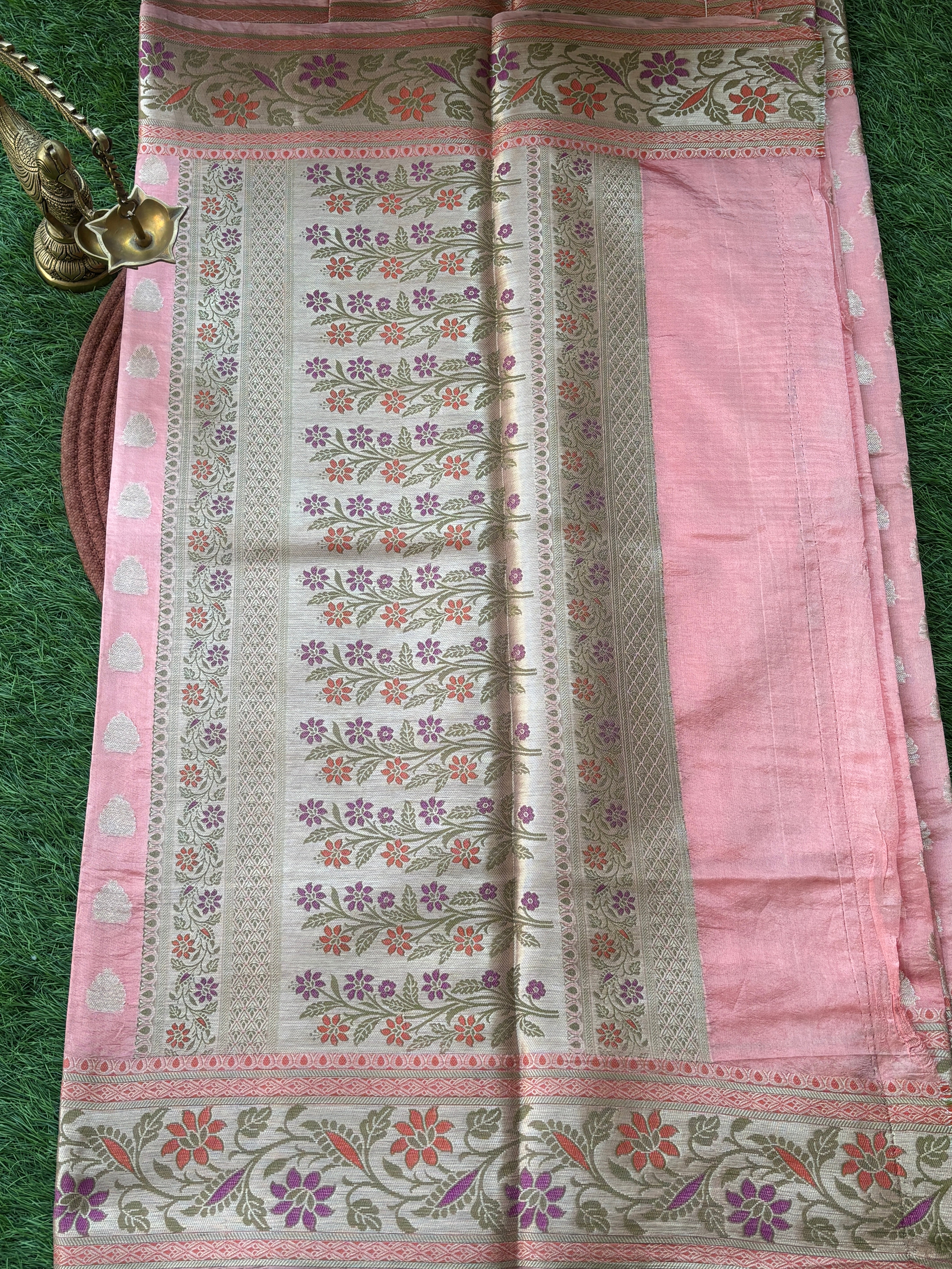 Peach Pink Banarasi Cotton Saree with Floral Meenakari Work & Border | Chandrika Lifestyles