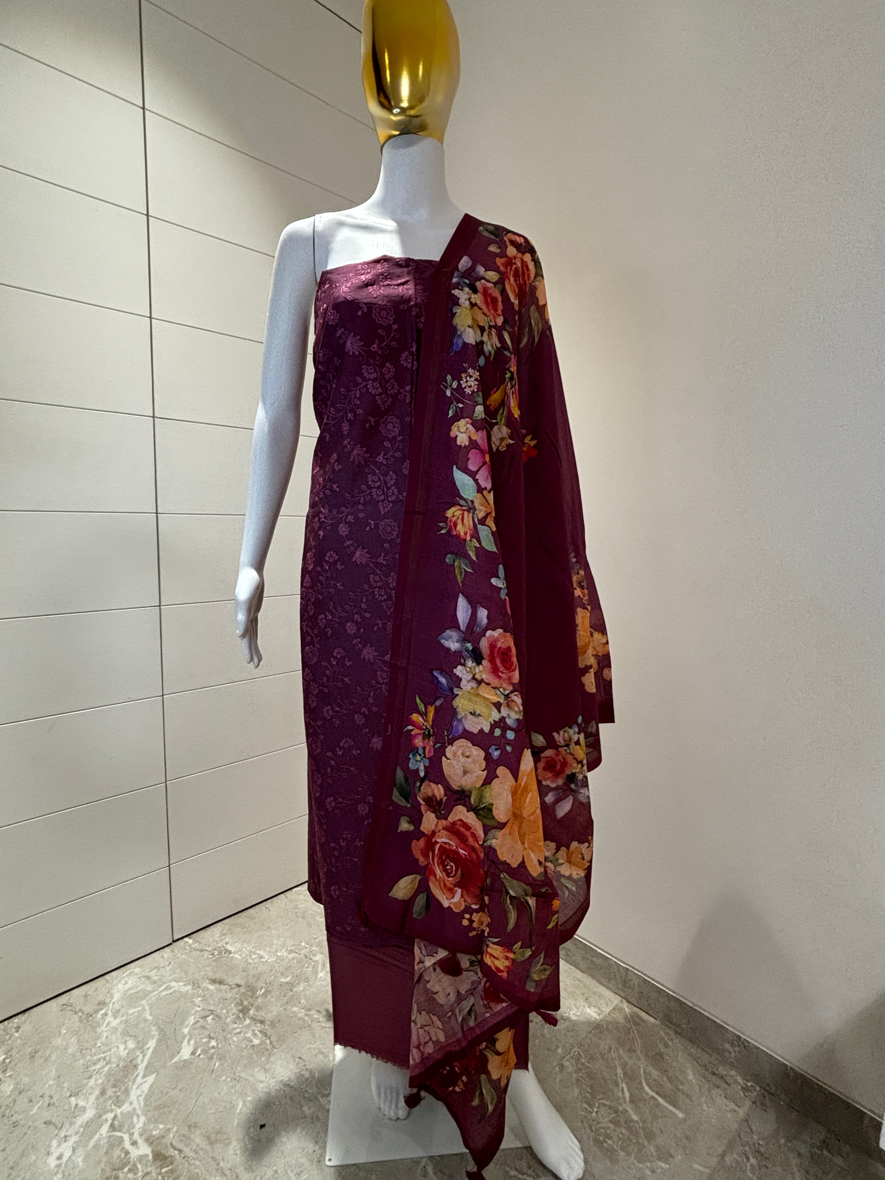 Pure Cotton All-Over Embroidery Jaal Suit Material with Matching Digital Printed Dupatta – Metallic Grey / Wine