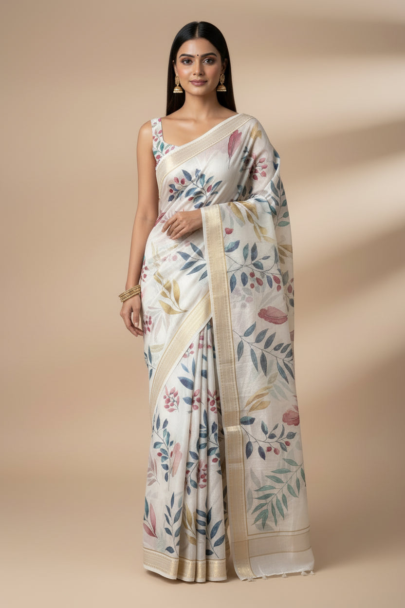 White Pure Organza Digital Printed Saree with Readymade Blouse