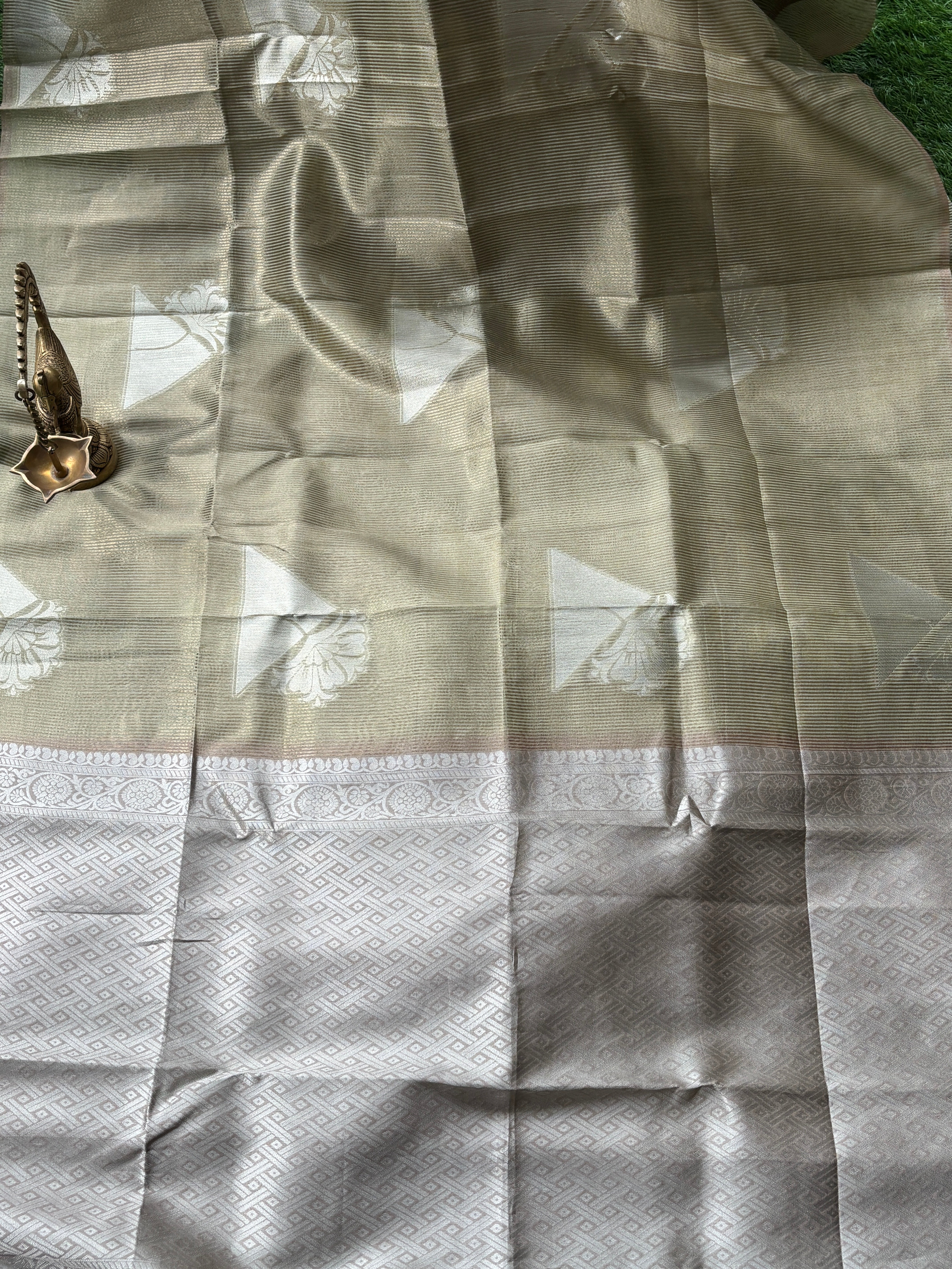Elegant Beige Art Tussar Saree with Geometrical Buttas & Zari Stripes