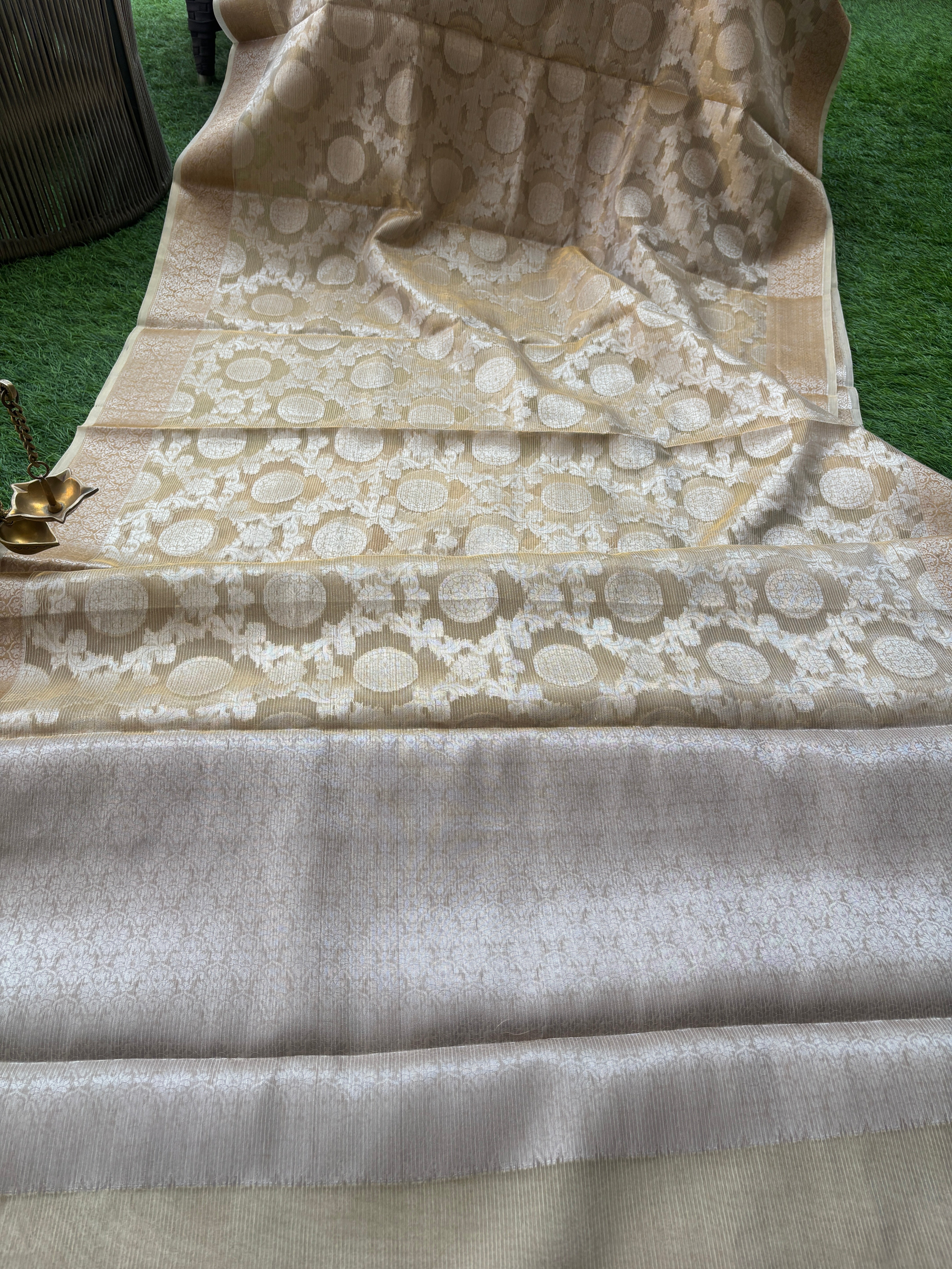 Beige Pure Banarasi Cotton Saree with Allover Jaal Silver Zari Work | Chandrika Lifestyles