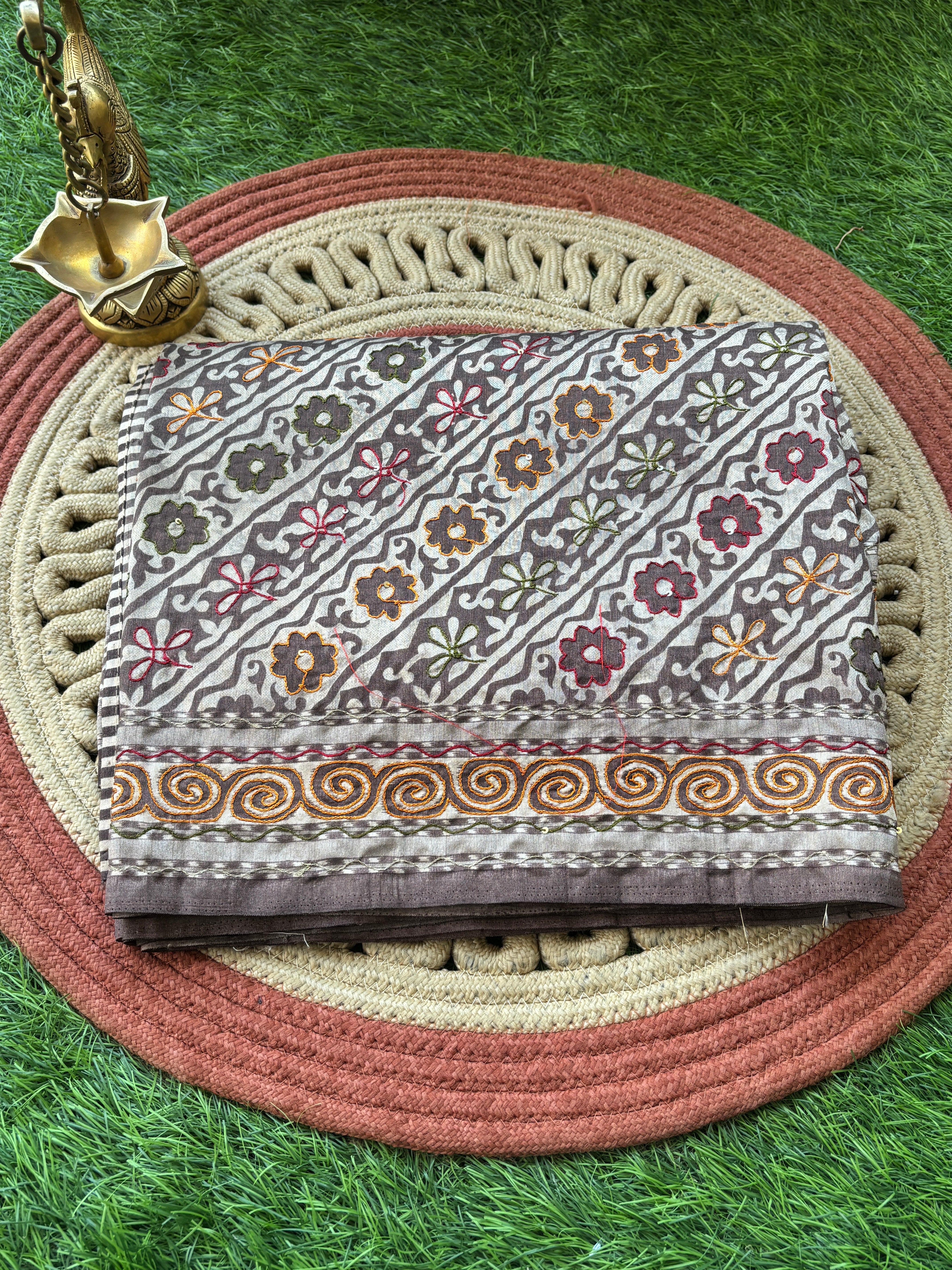 Coffee Brown Mercerized Cotton Saree with Multicolour Thread Weaving | Chandrika Lifestyles