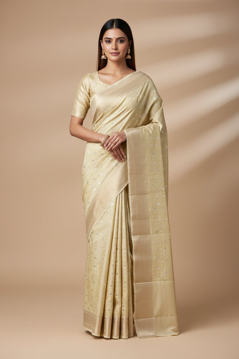 Lemon Yellow Banarasi Silk Cotton Saree with Zari Checks & Butta | Chandrika Lifestyles