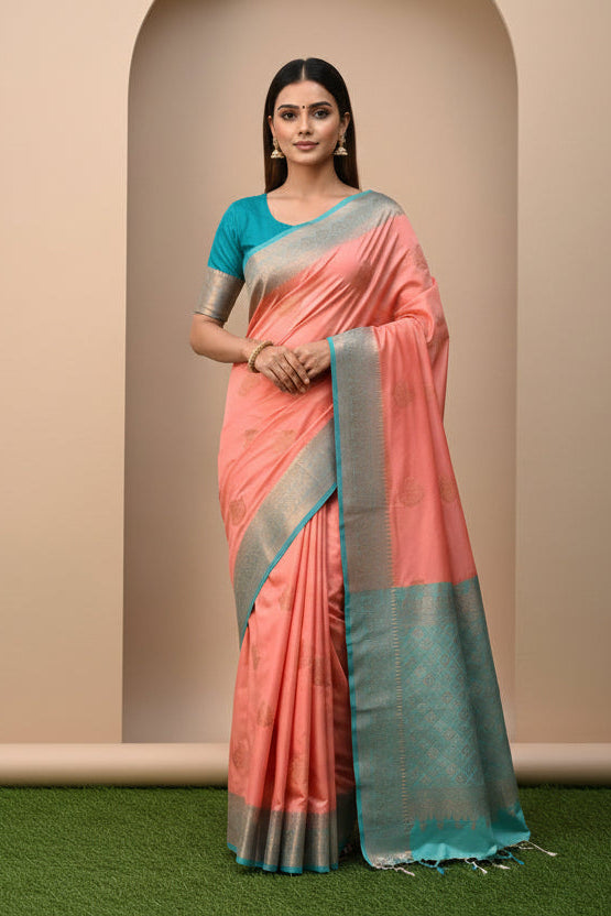 Peach Semi Silk Kanjivaram Saree with Matching Blouse