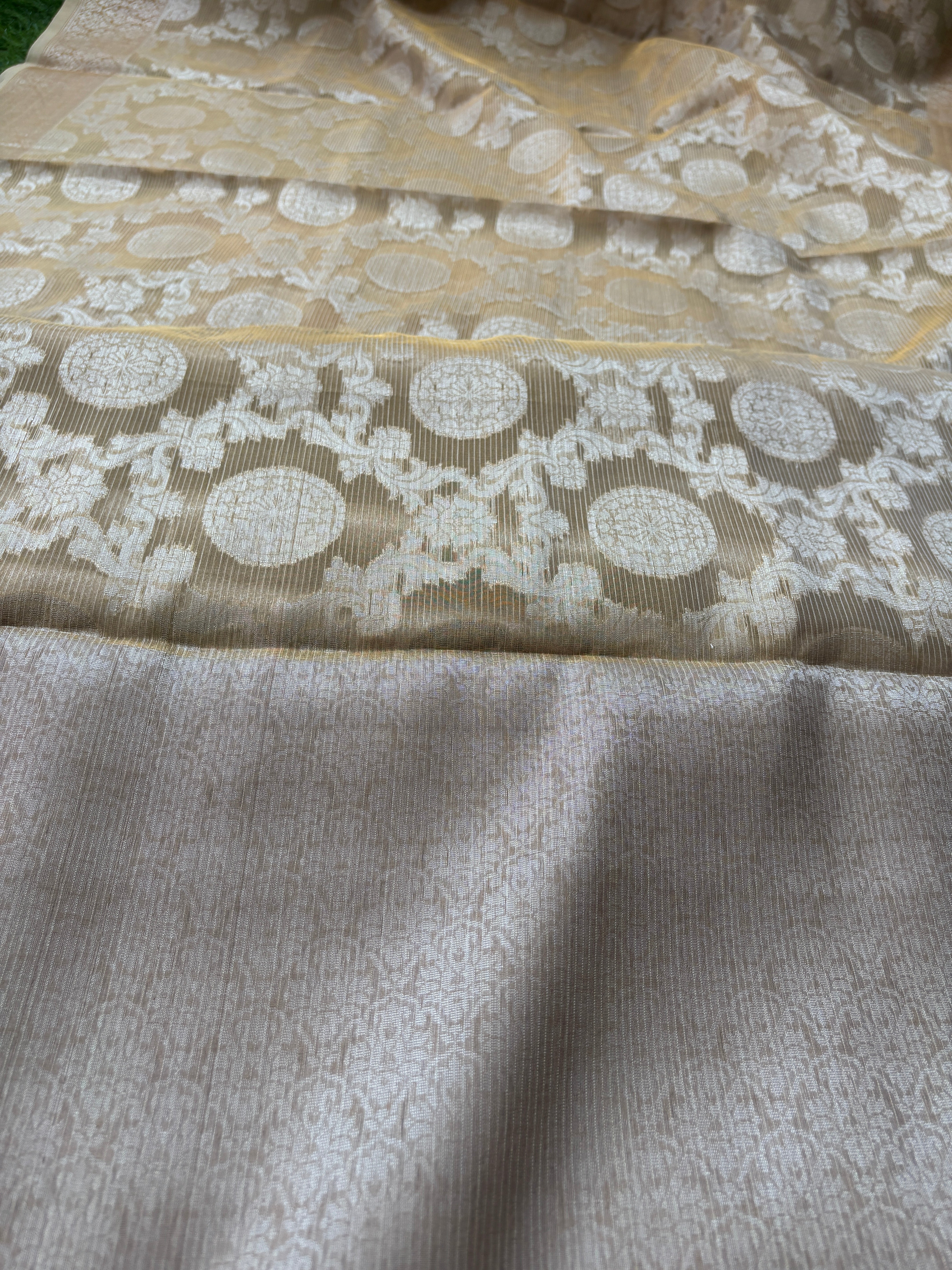 Beige Pure Banarasi Cotton Saree with Allover Jaal Silver Zari Work | Chandrika Lifestyles