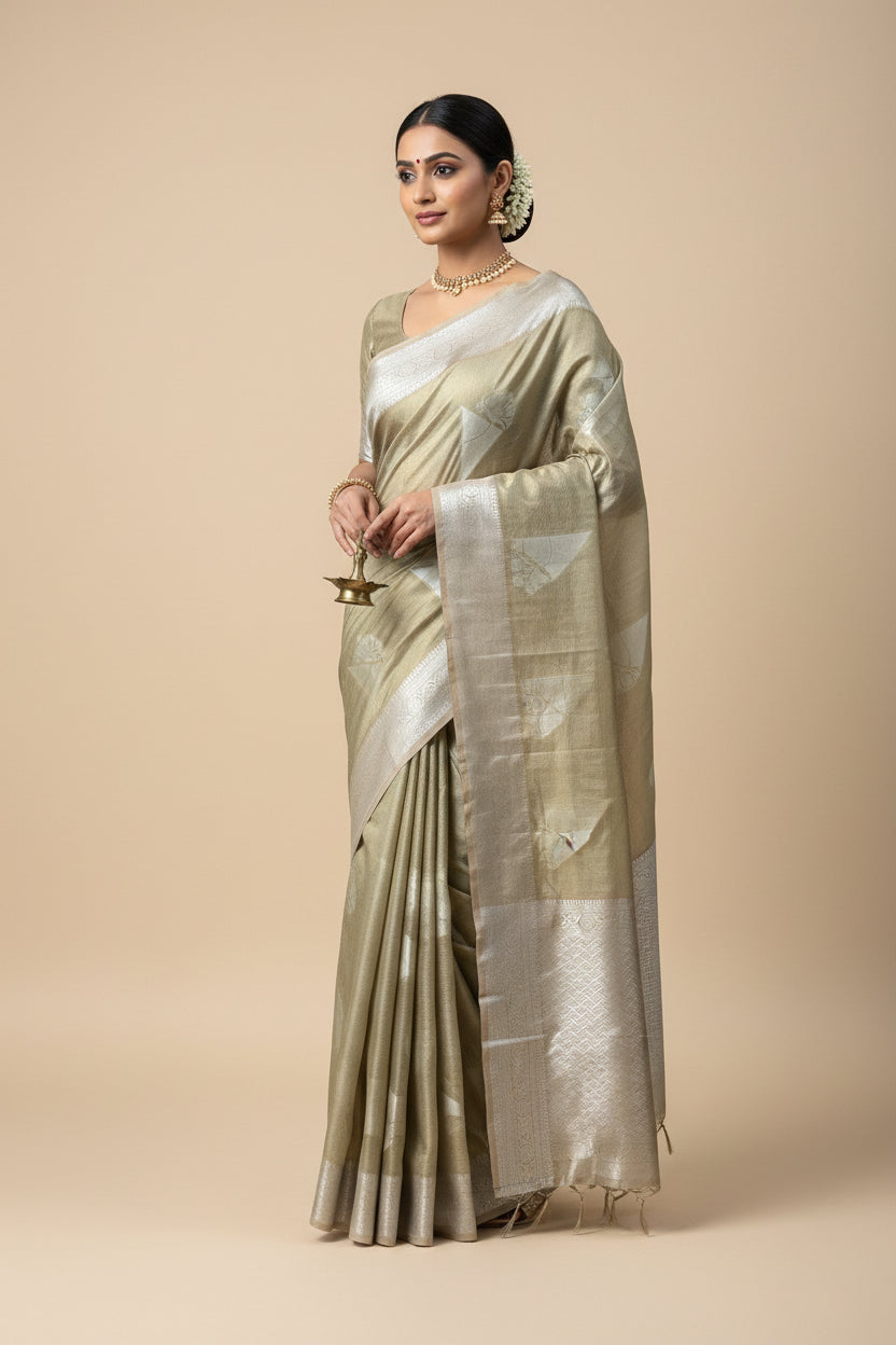 Elegant Beige Art Tussar Saree with Geometrical Buttas & Zari Stripes