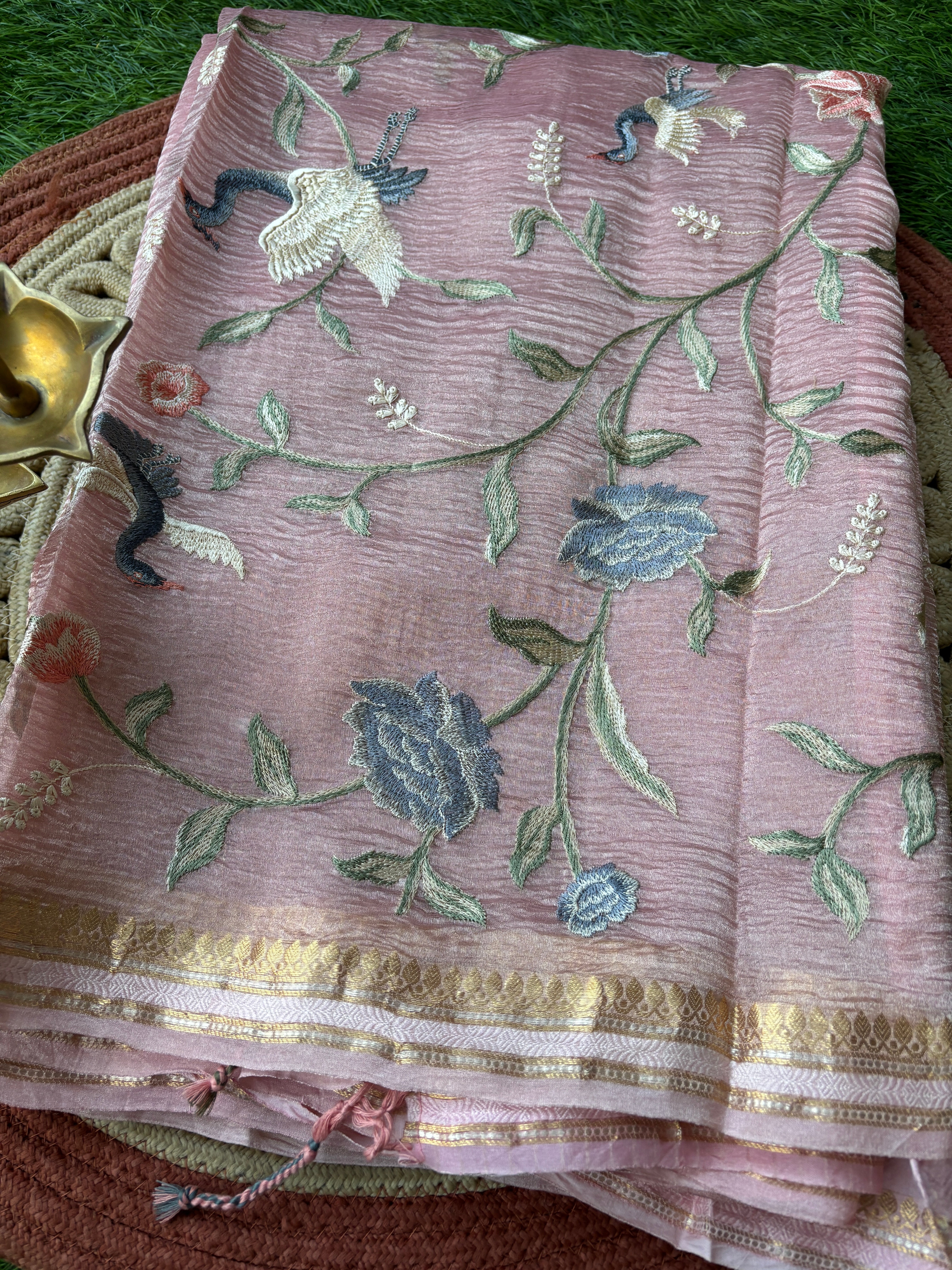 Baby Pink Pure Crush Tissue Kora Organza Designer Saree with Thread Embroidery