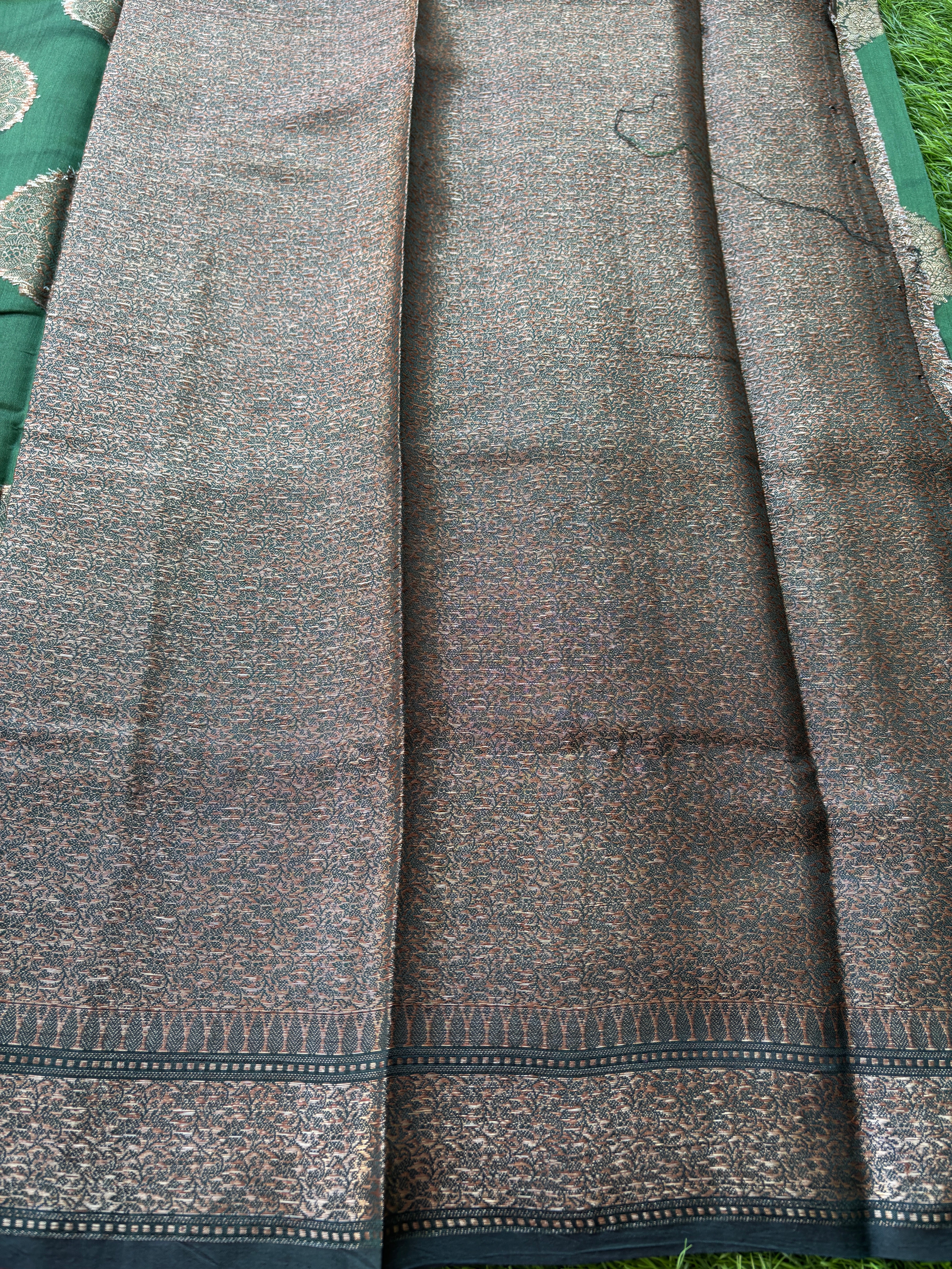 Pure Tussar Silk Bright Bottle Green Saree with Black Zari Woven Border and Brocade Blouse