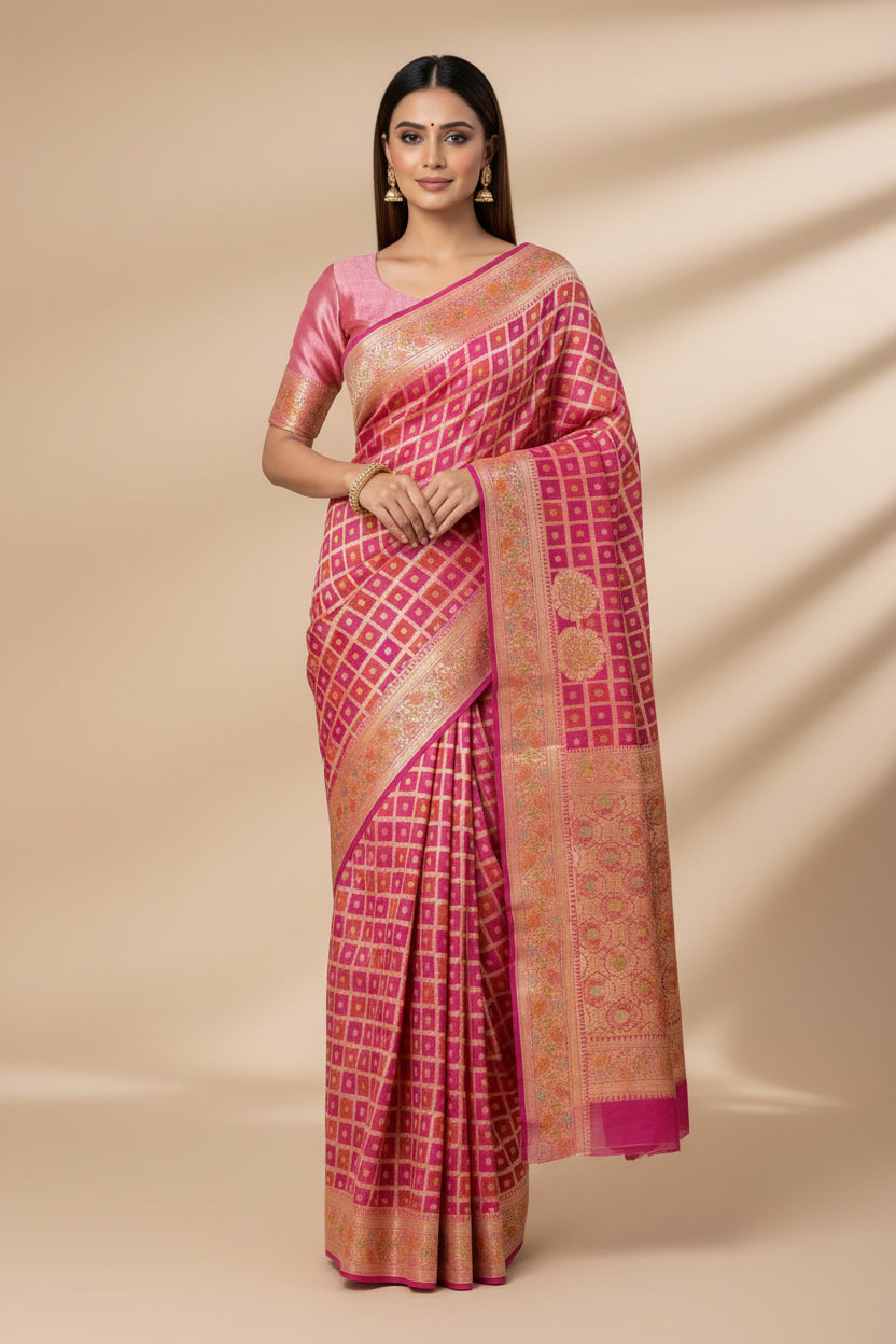Pink Khaddi Georgette Banarasi Saree with Allover Gharchola Design | Chandrika Lifestyles