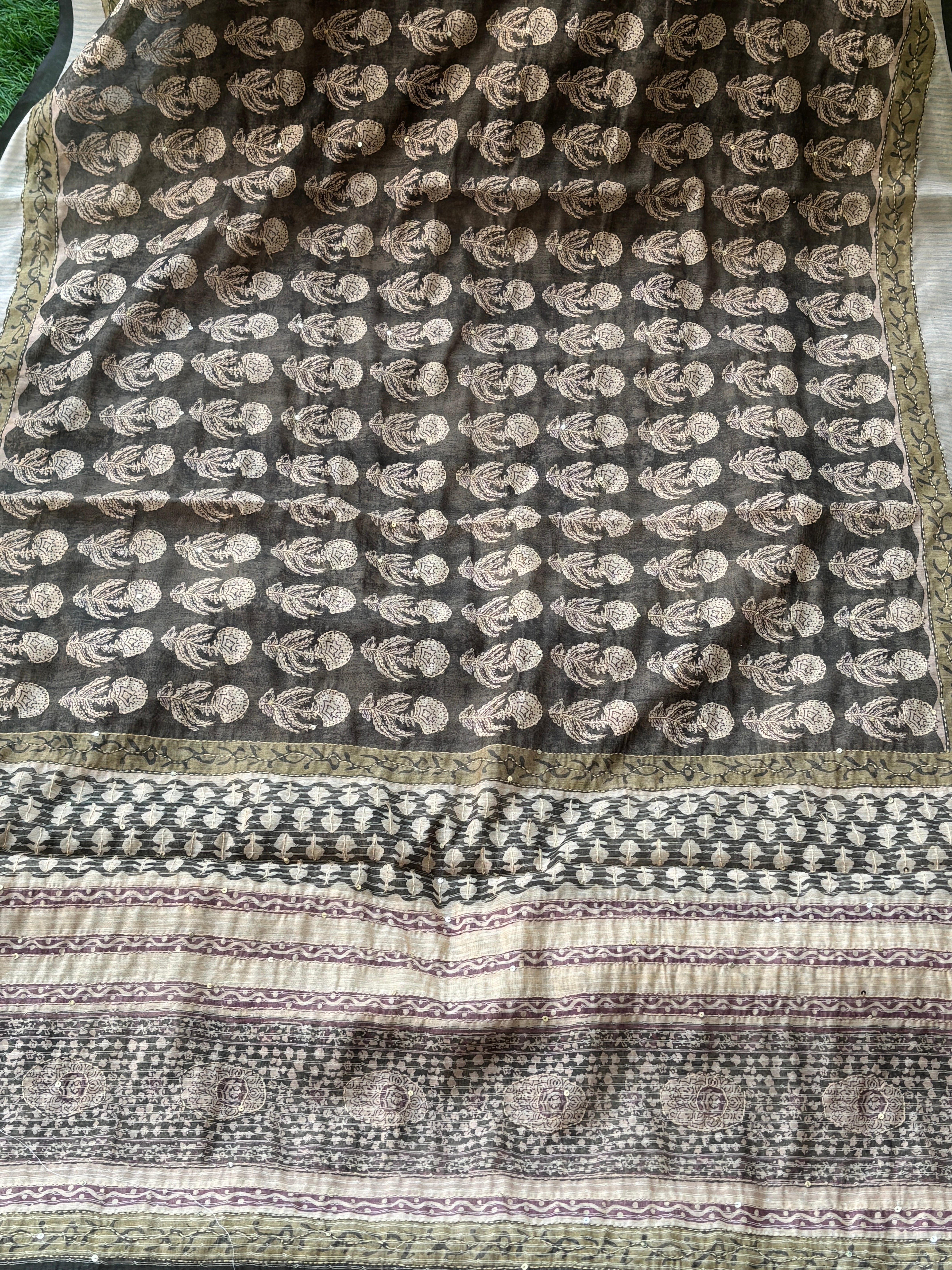 Mehndi Green Banarasi Mercerised Cotton Saree with Kantha Work