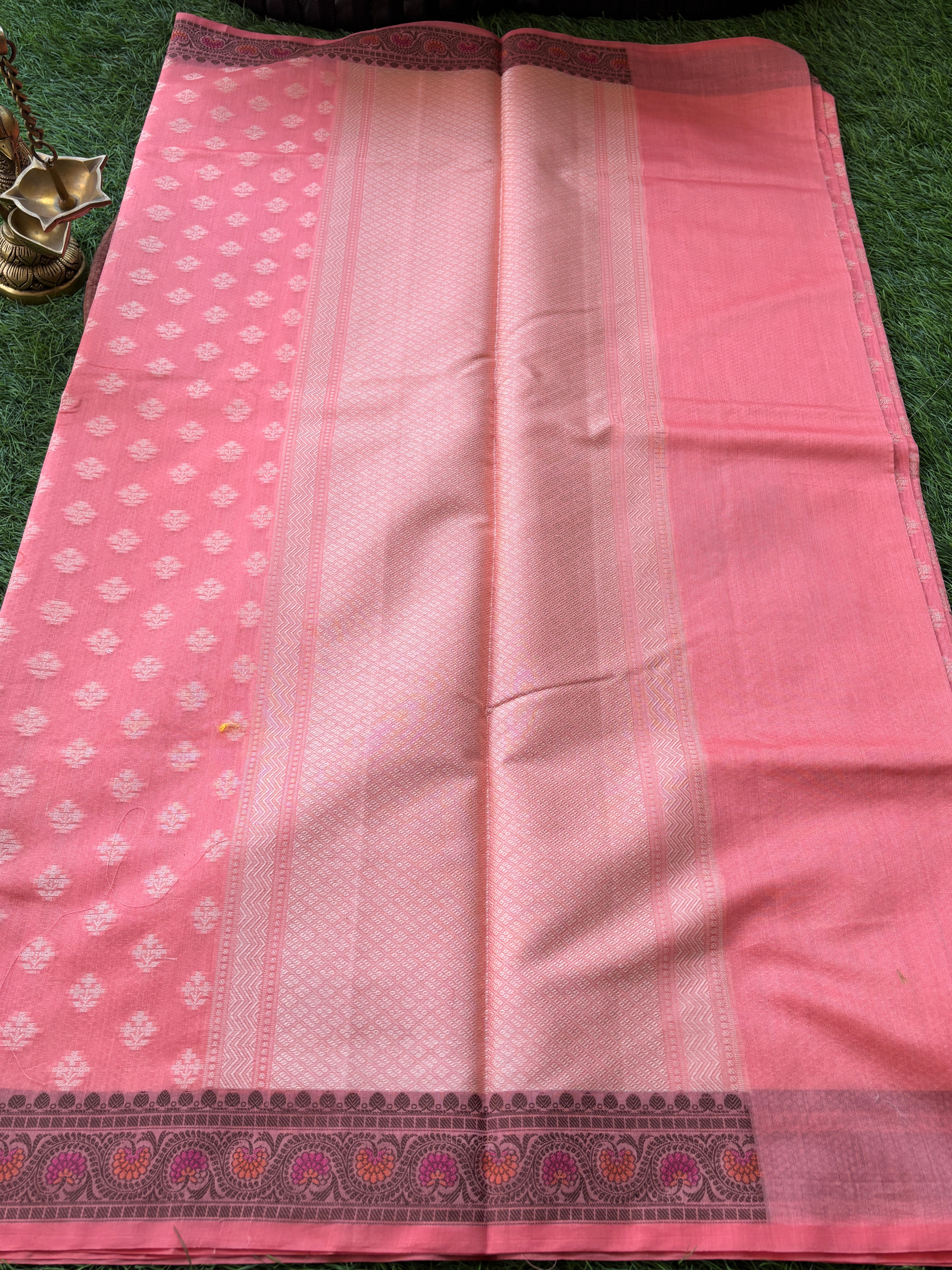Peach Pink Banarasi Mercerised Cotton Saree with All-Over Weaving