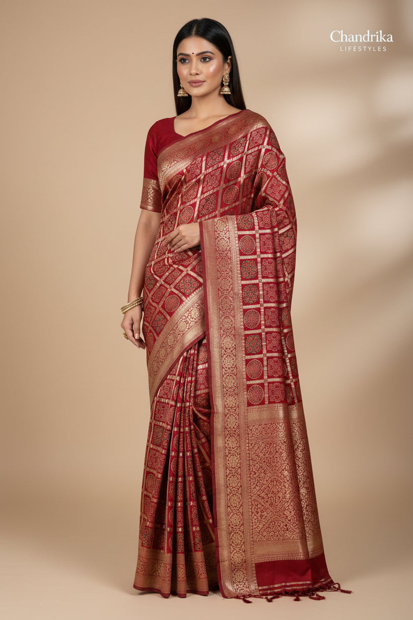 Model wearing red Ajrakh Gharchola saree styled for wedding and festive occasions