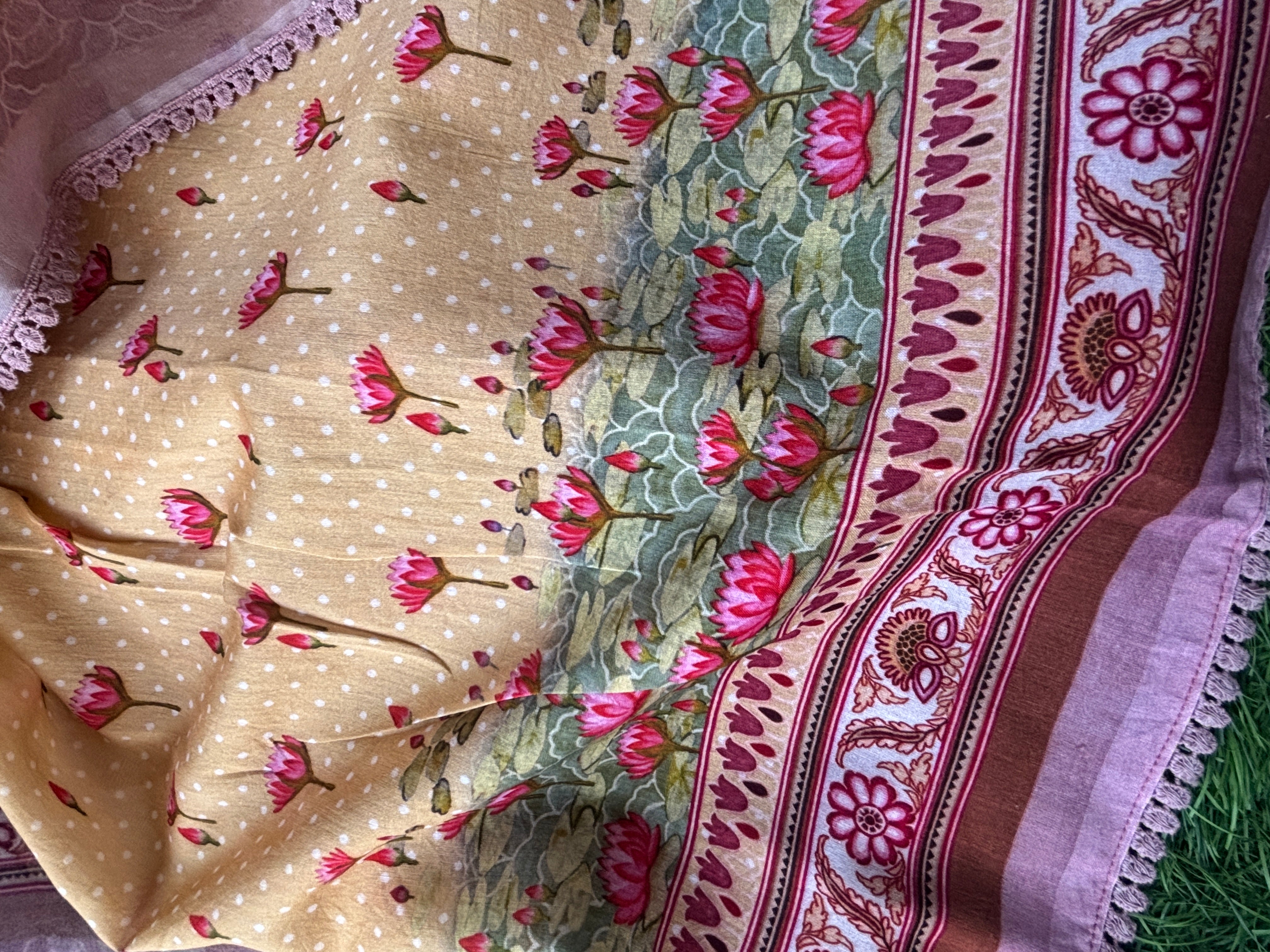 Mustard Yellow Pure Organza Saree with Thread Embroidery & Pichwai Digital Printed Pallu