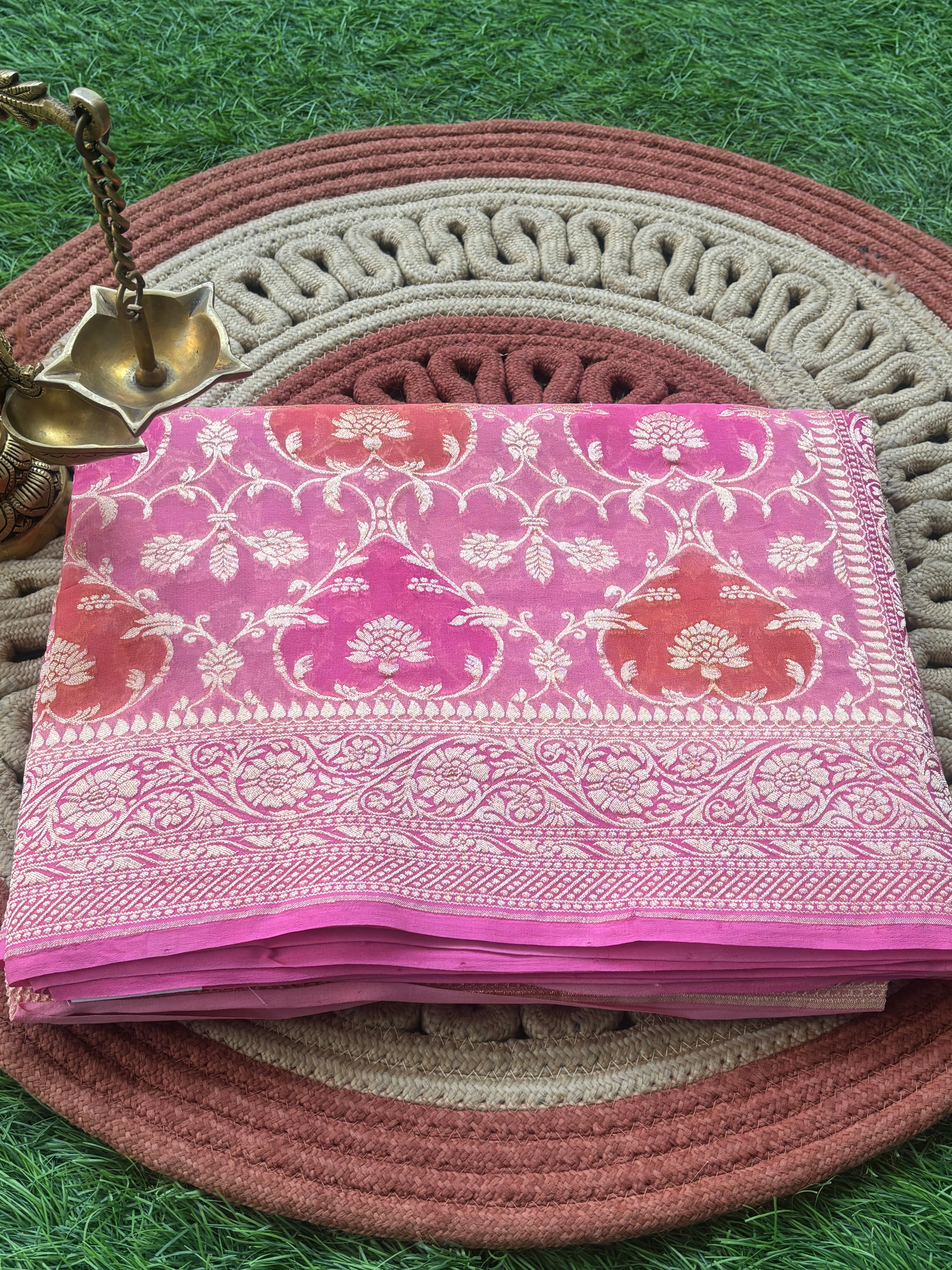 Pink, Orange & Peach Multicolour Khaddi Georgette Banarasi Saree with Allover Jaal | Chandrika Lifestyles