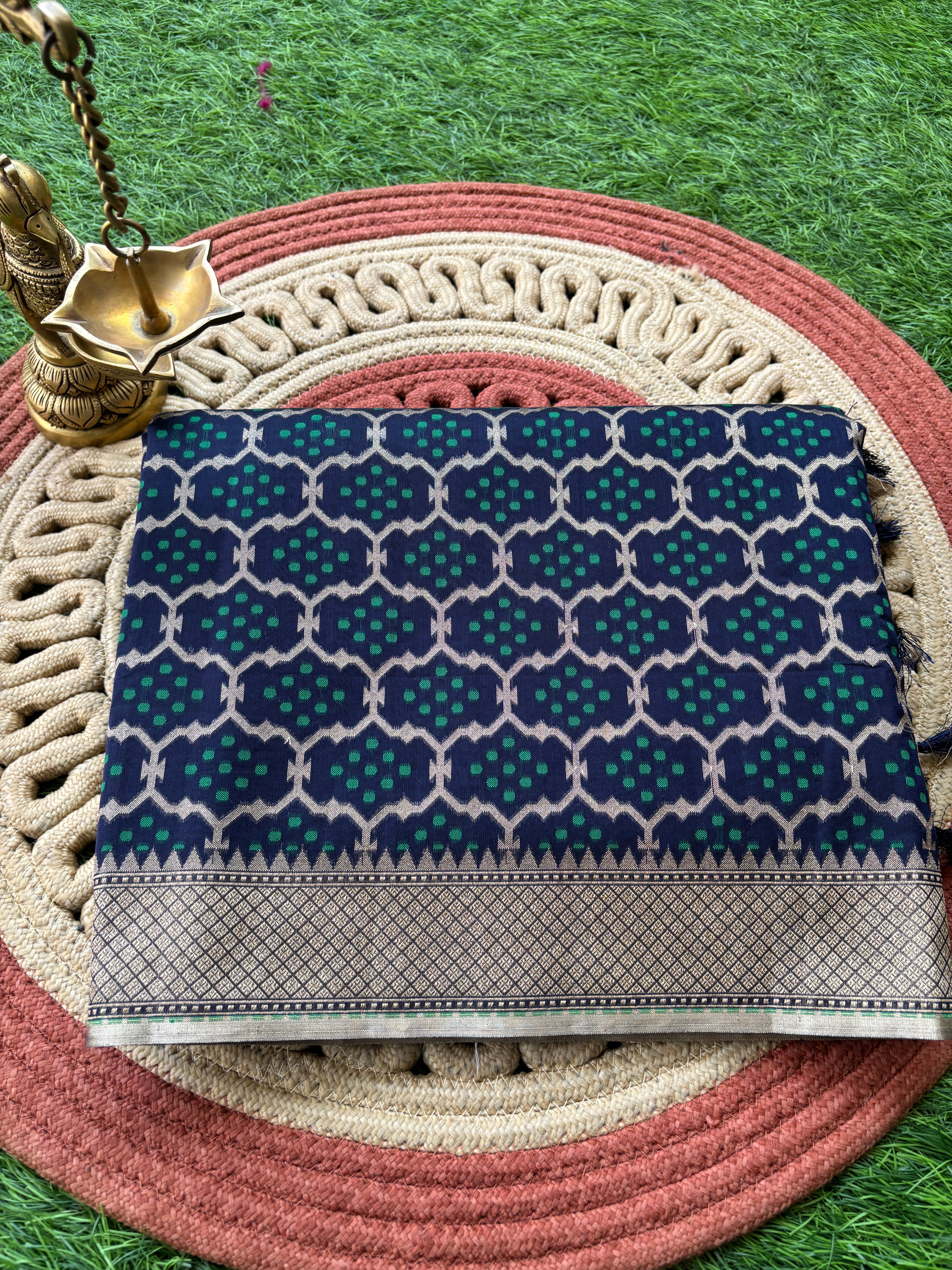 Navy Blue Banarasi Mercerized Cotton Saree with Allover Jaal | Chandrika Lifestyles