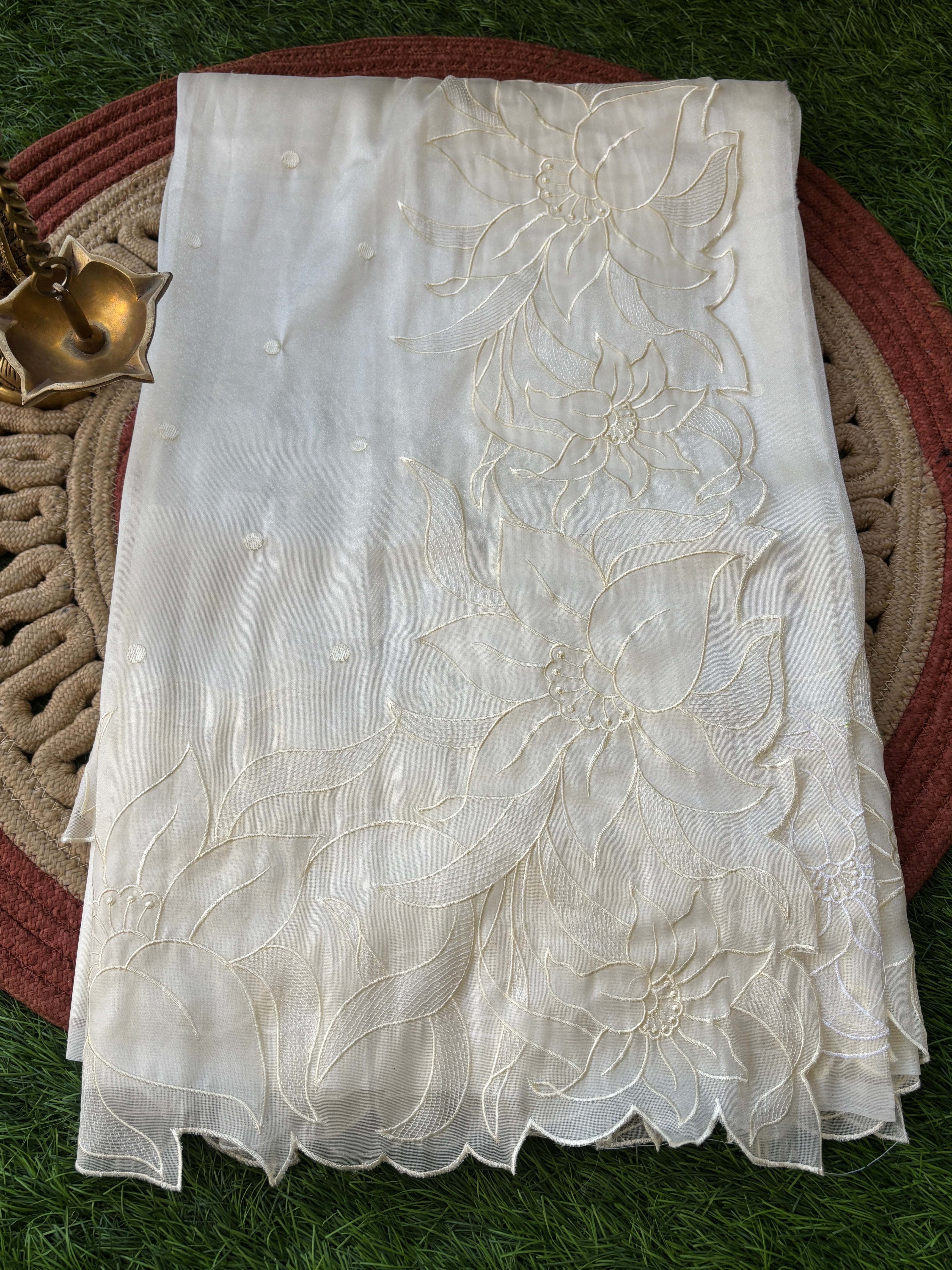 Pure Organza Saree in Off White with Elegant Cutwork Border