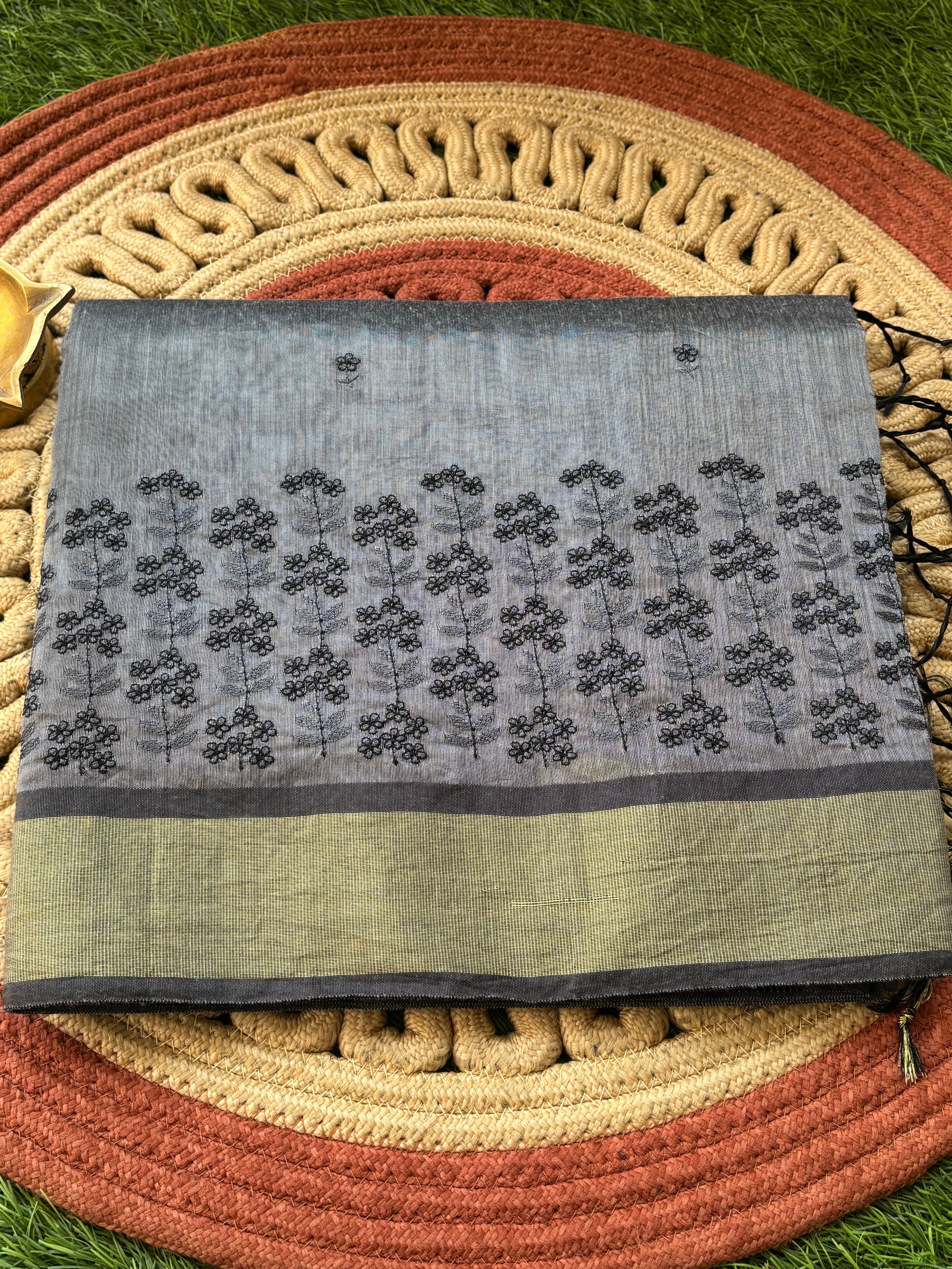 Grey Banarasi Mercerised Cotton Saree with Embroidered Border