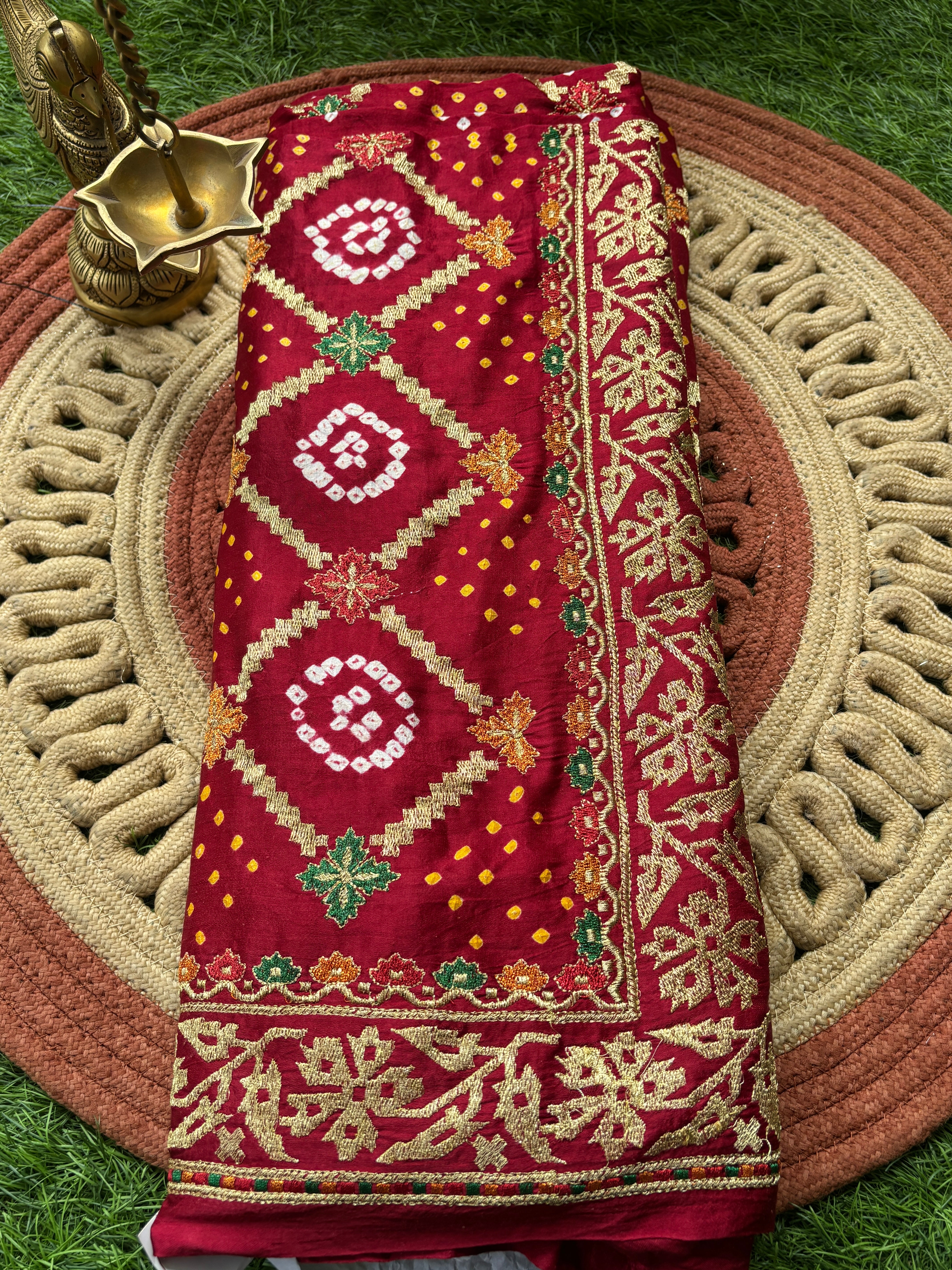 Blood Red Gajji Silk Bandhej Saree with Zari Weaving | Chandrika Lifestyles