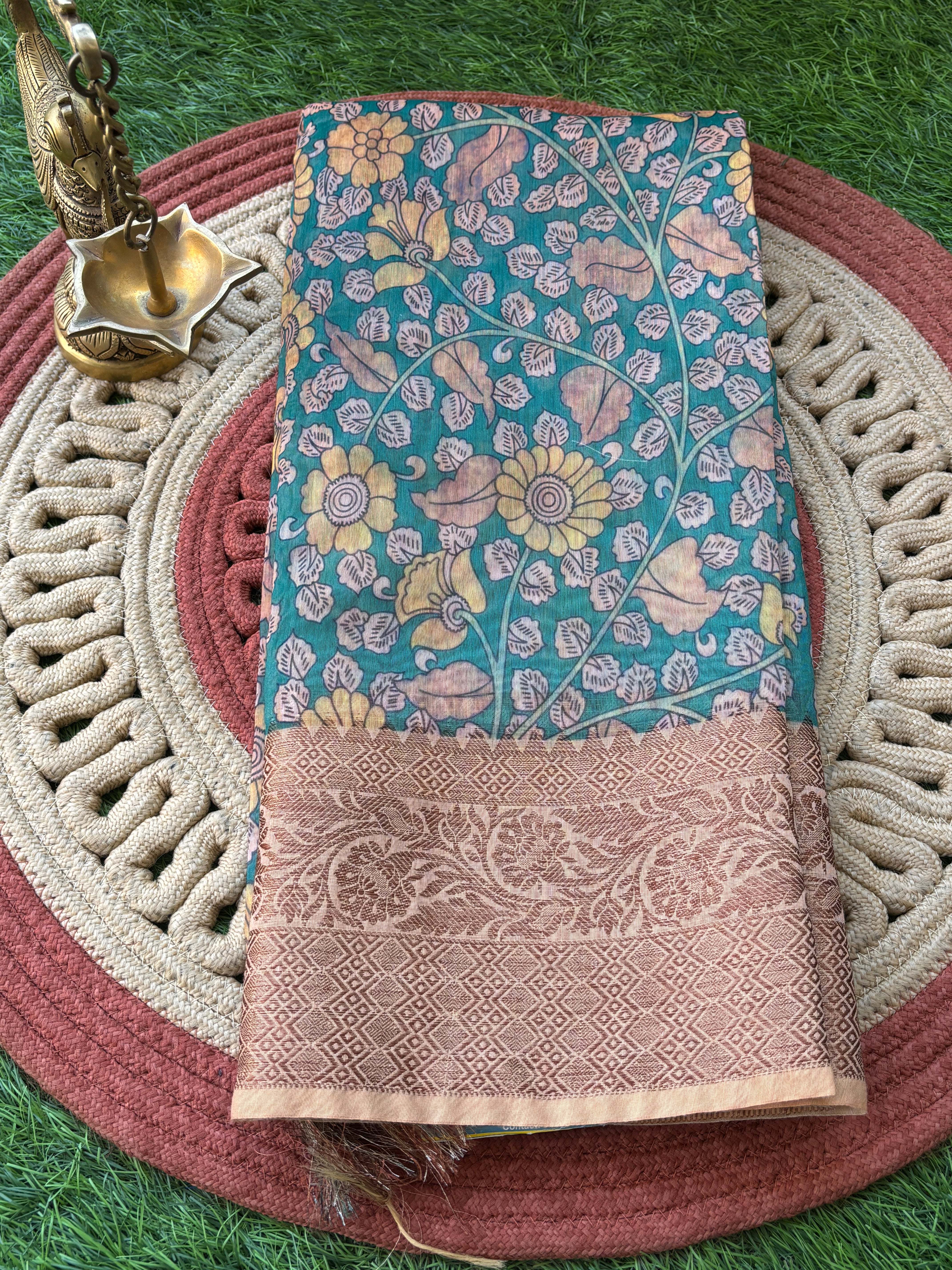Sea Green Mercerized Cotton Saree with Allover Digital Print Butta | Chandrika Lifestyles